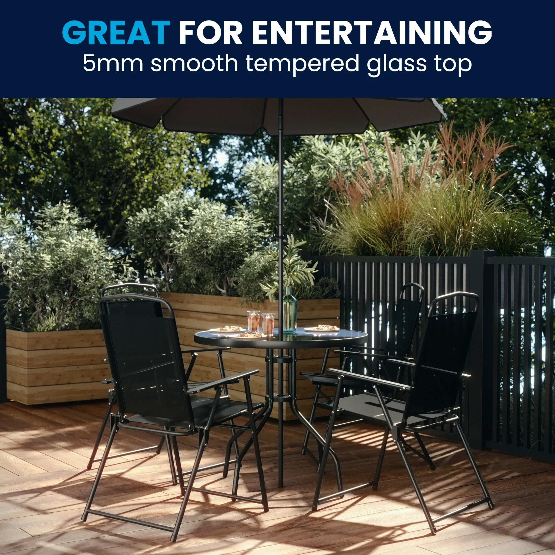 Flash Furniture Nantucket 6 Piece Black Patio Garden Set with Umbrella Table and Set of 4 Folding Chairs