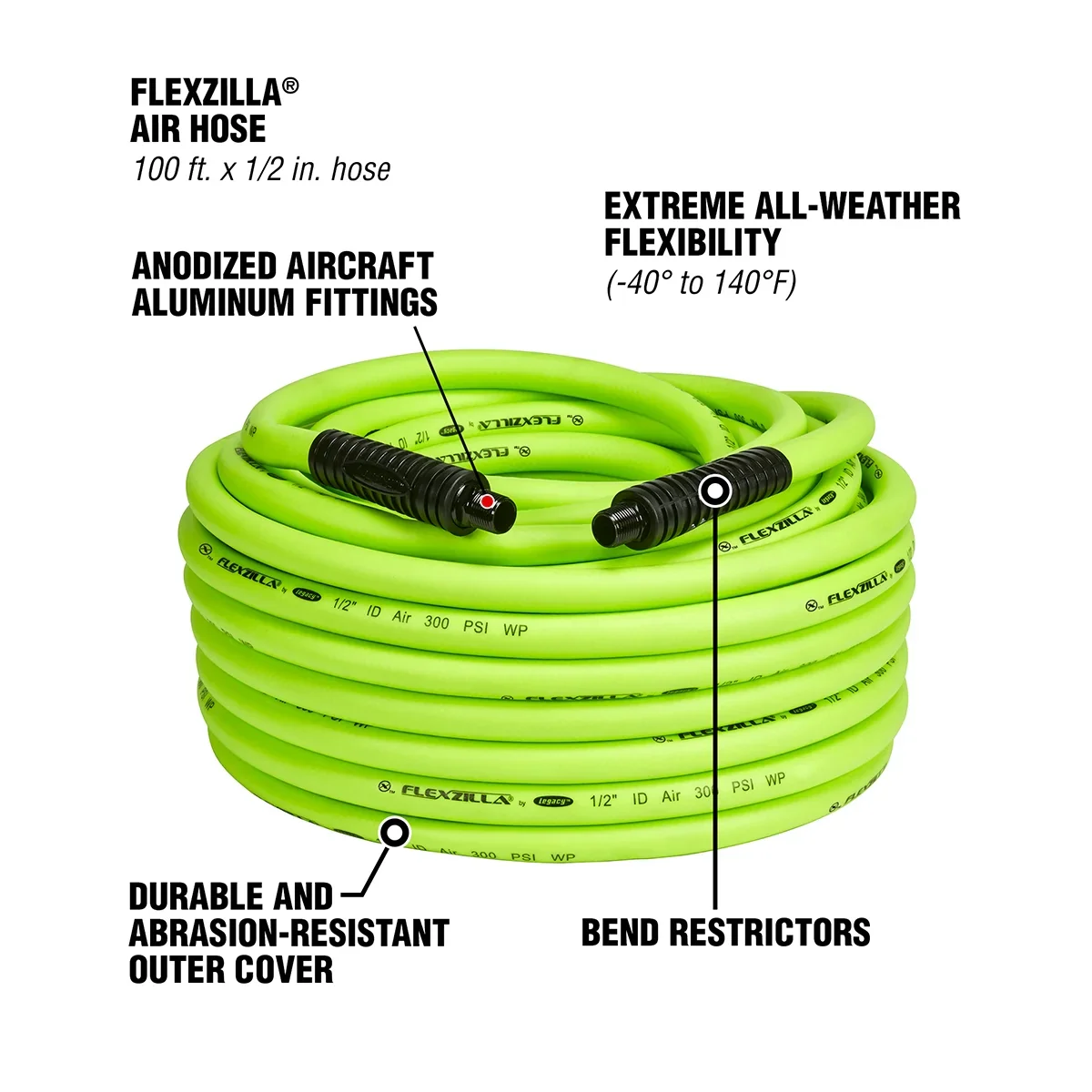 Flexzilla? Air Hose, 1/2 x 100', 3/8 MNPT Fittings, ZillaGreen?