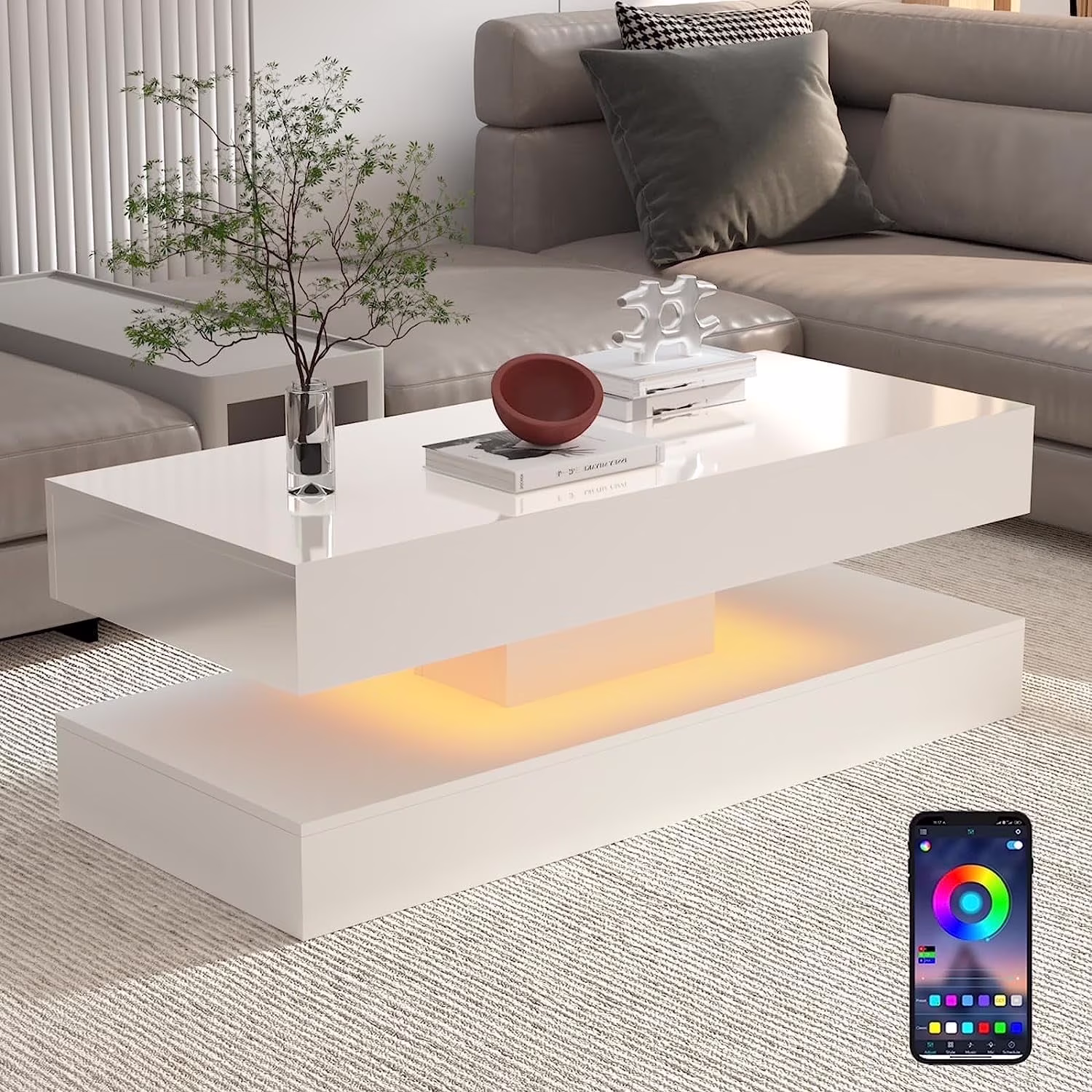 Large Black LED Coffee Table with 2 Storage Drawers, Modern High Gloss Coffee Table w/20 Colors LED Lights/APP Control, 2 Tiers Rectangle Large Living Room Furniture w/Marbling Print(47.3")(Black Marbling Print) - Image 5