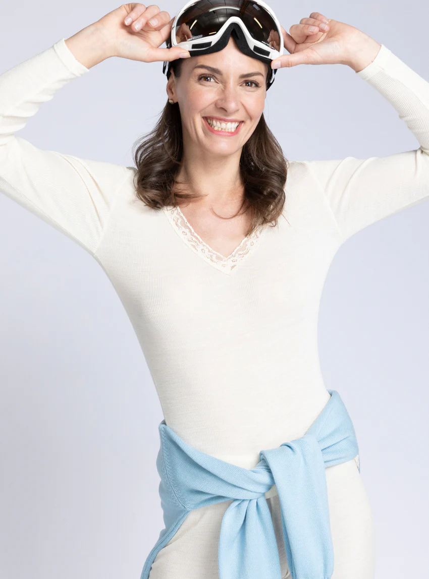 Tee-shirt manches longues femme laine et soie fine broderie blanc naturel