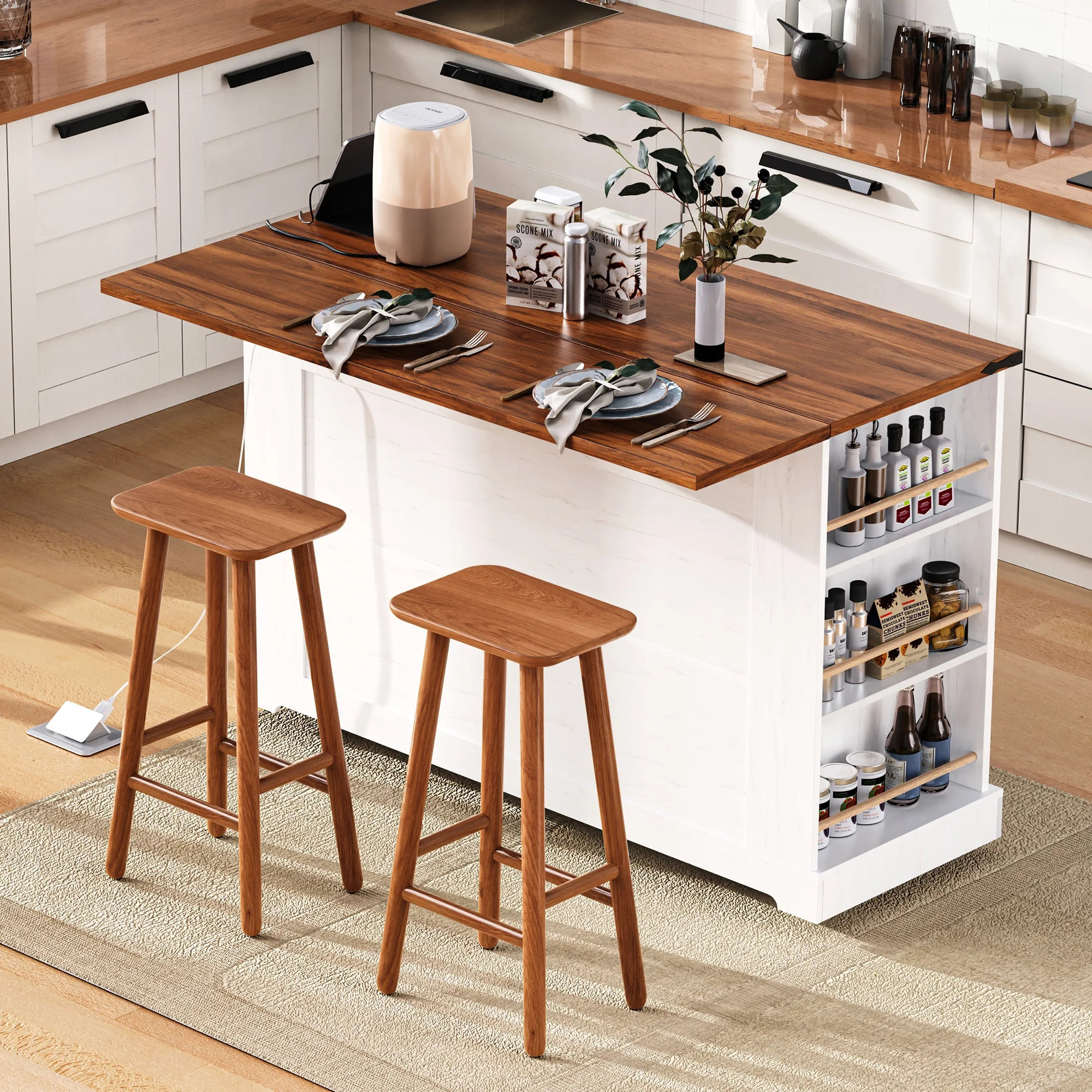 53'' Farmhouse Kitchen Island with Two Tempered Glass Cabinet Doors��Rolling Kitchen Cart on Wheels(White) - Image 5