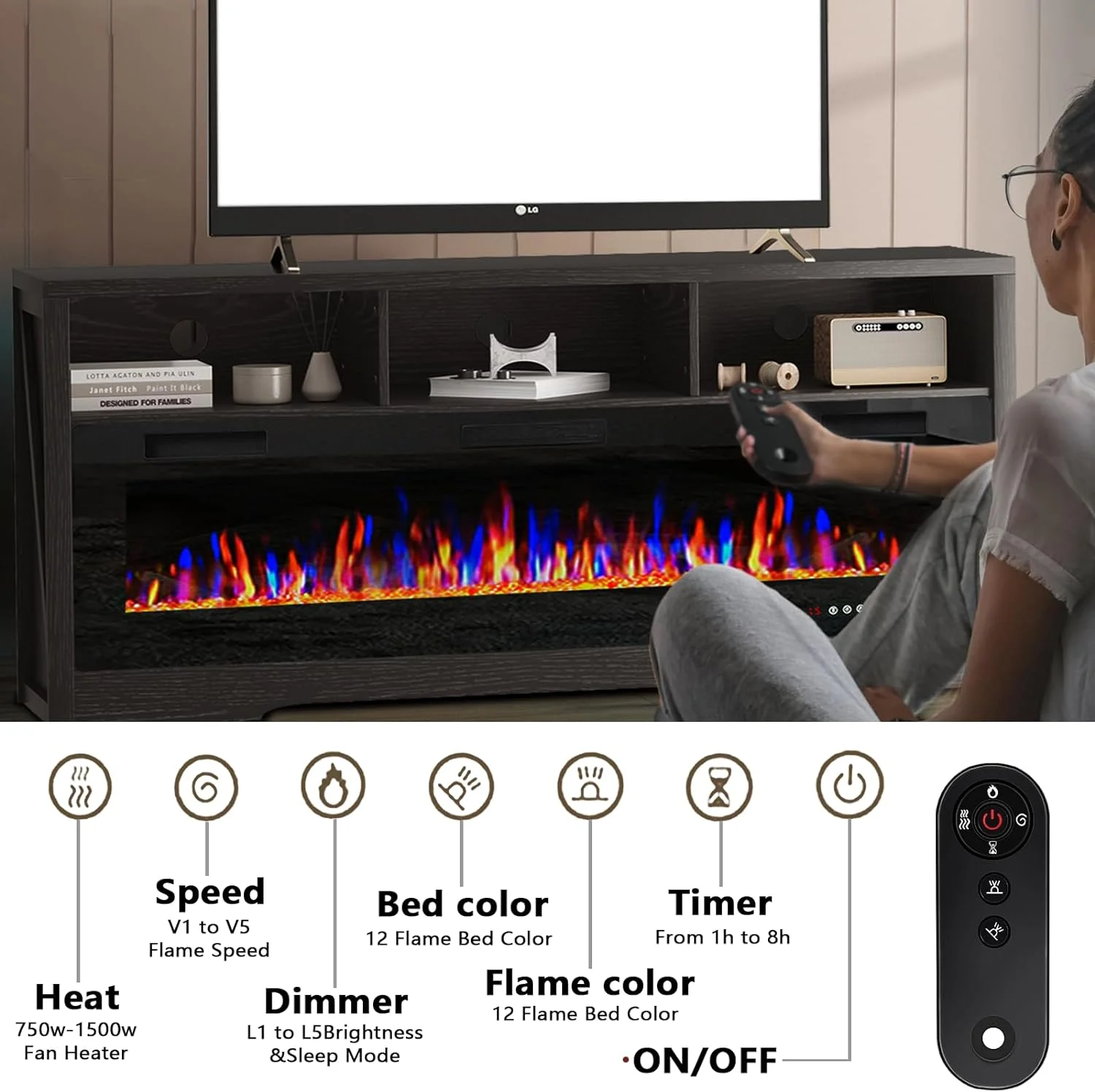 Fireplace TV Stand for TVs Up to 75" TV with 60" Electric Fireplace,Entertainment Center with Open Shelve Storage(Black) - Image 6