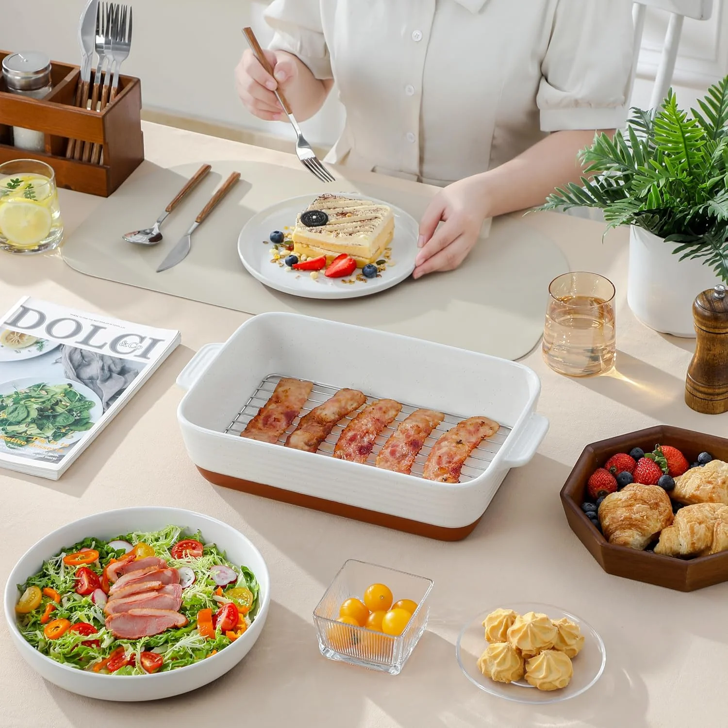 Casserole Dishes for Oven with Roasting Racks, Ceramic Baking Dishes Set of 3, Baking Pan Casserole Dish Set, Rectangular Lasagna Pan Deep with Handles for Baking, Khaki White (14.5''/13''/10.5''),(With Racks)