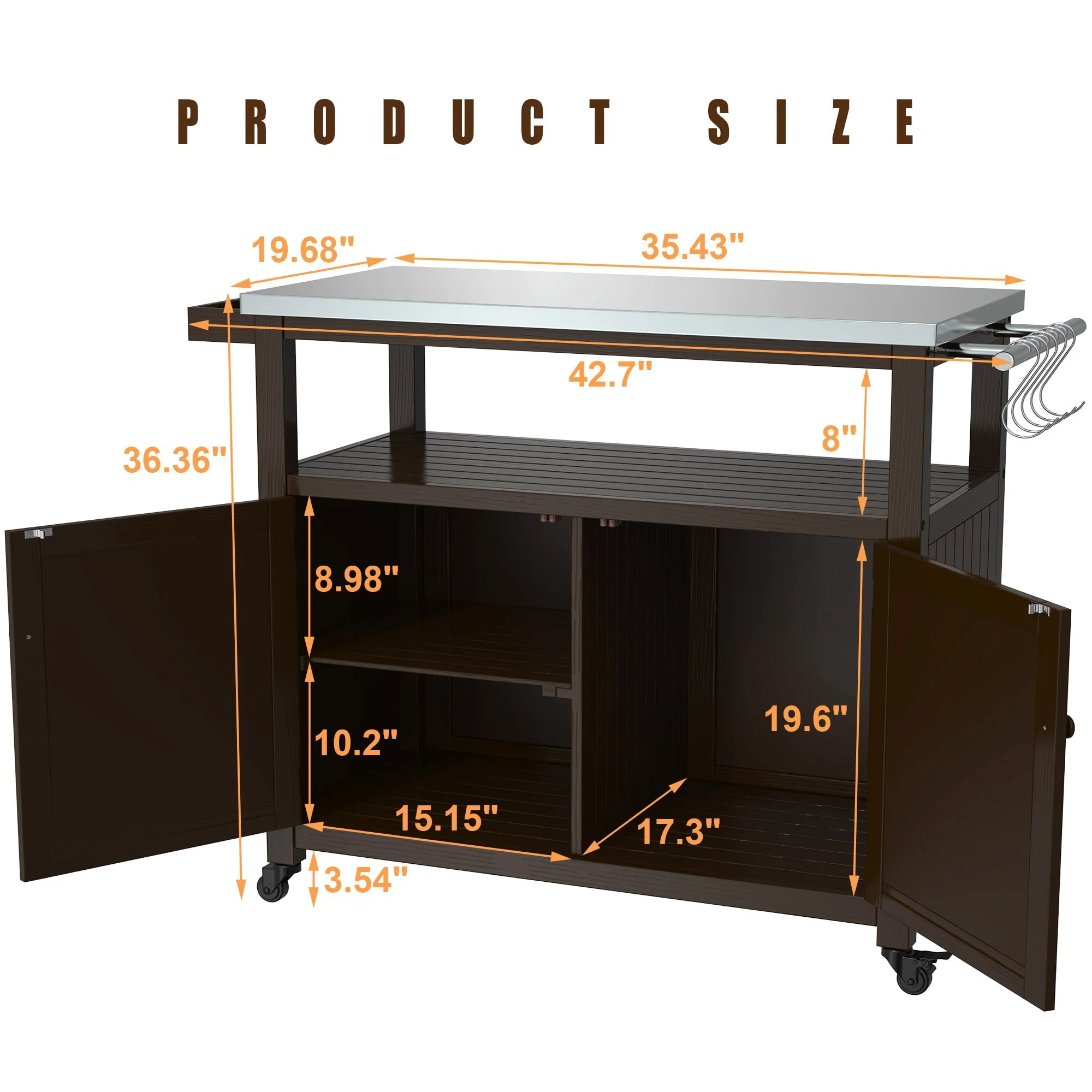 Outdoor Prep Table Grill Station, Solid Wood Movable Dining Cart Table, Dark Brown Image 6