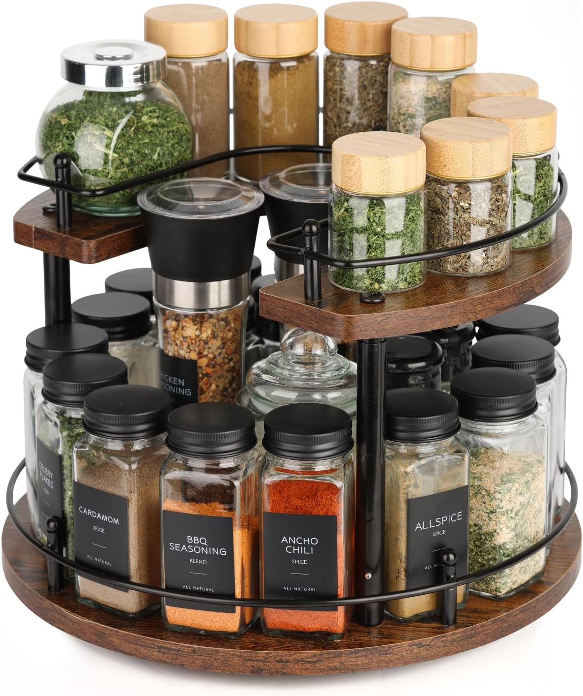 Turntable Lazy Susan Organizer Spice Rack, 2-Tier Wooden Spinning Revolving Organizer Height Adjustable, 12'' Seasoning Rotating Spice Rack for Cabinet, Kitchen Countertop, Dining Table, Vanity Storage