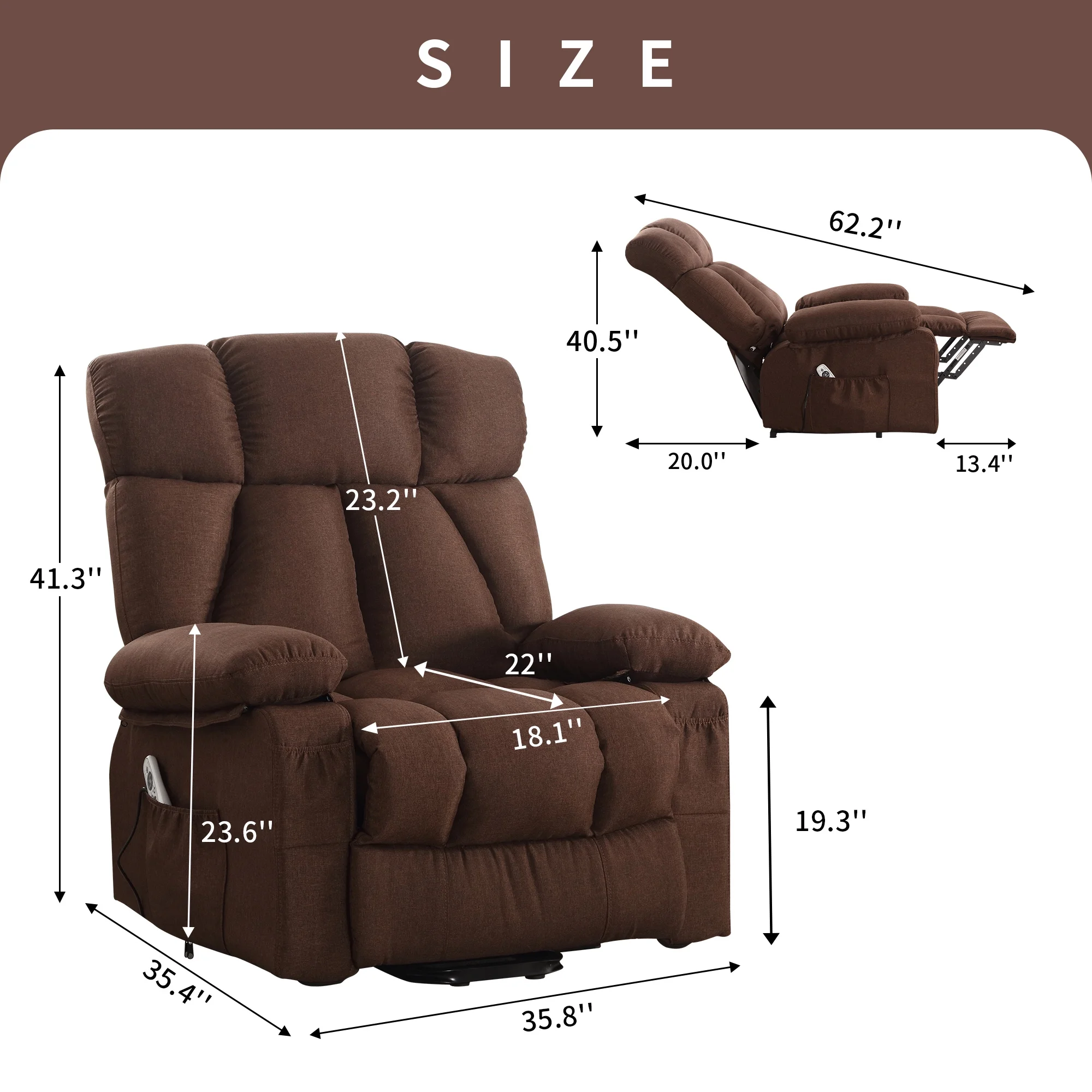 Power Lift Recliner Chair Recliners for Elderly with Heat and Massage Recliner Chair for Living Room with Infinite Position and Side Pocket,USB Charge Port,Brown(Regular-Brown) - Image 2
