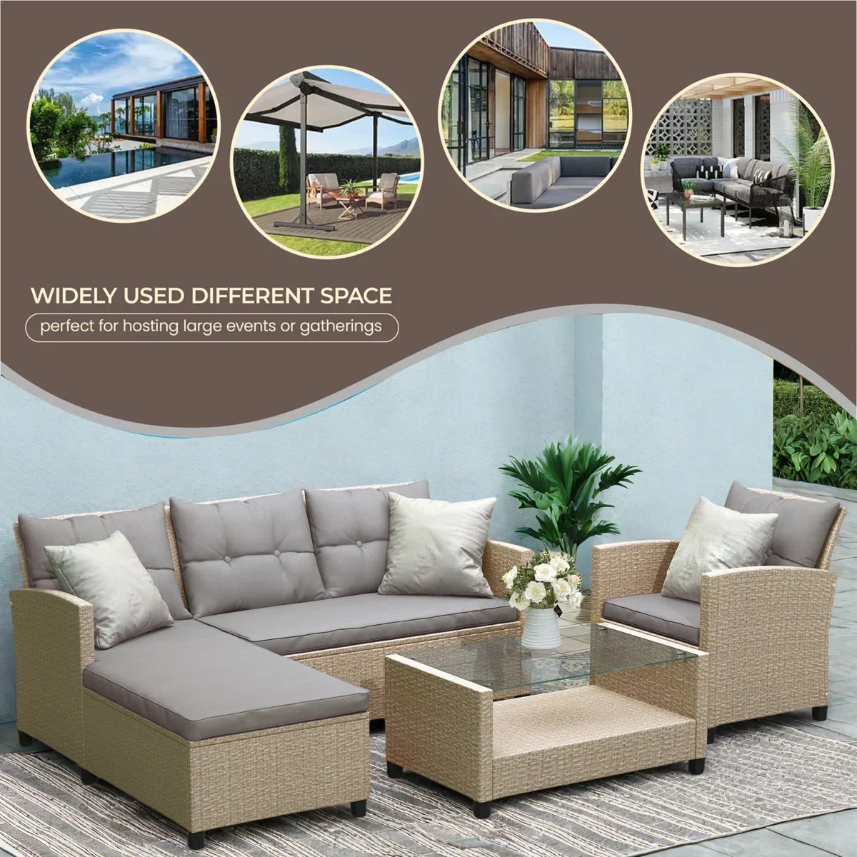 Outdoor Furniture Set, 4 Pieces  PE Wicker Rattan Patio Conversation Set with Table & Lounge Chair, All-Weather Cushioned Sectional Sofa Set for Backyard Porch Garden, Gray Cushions