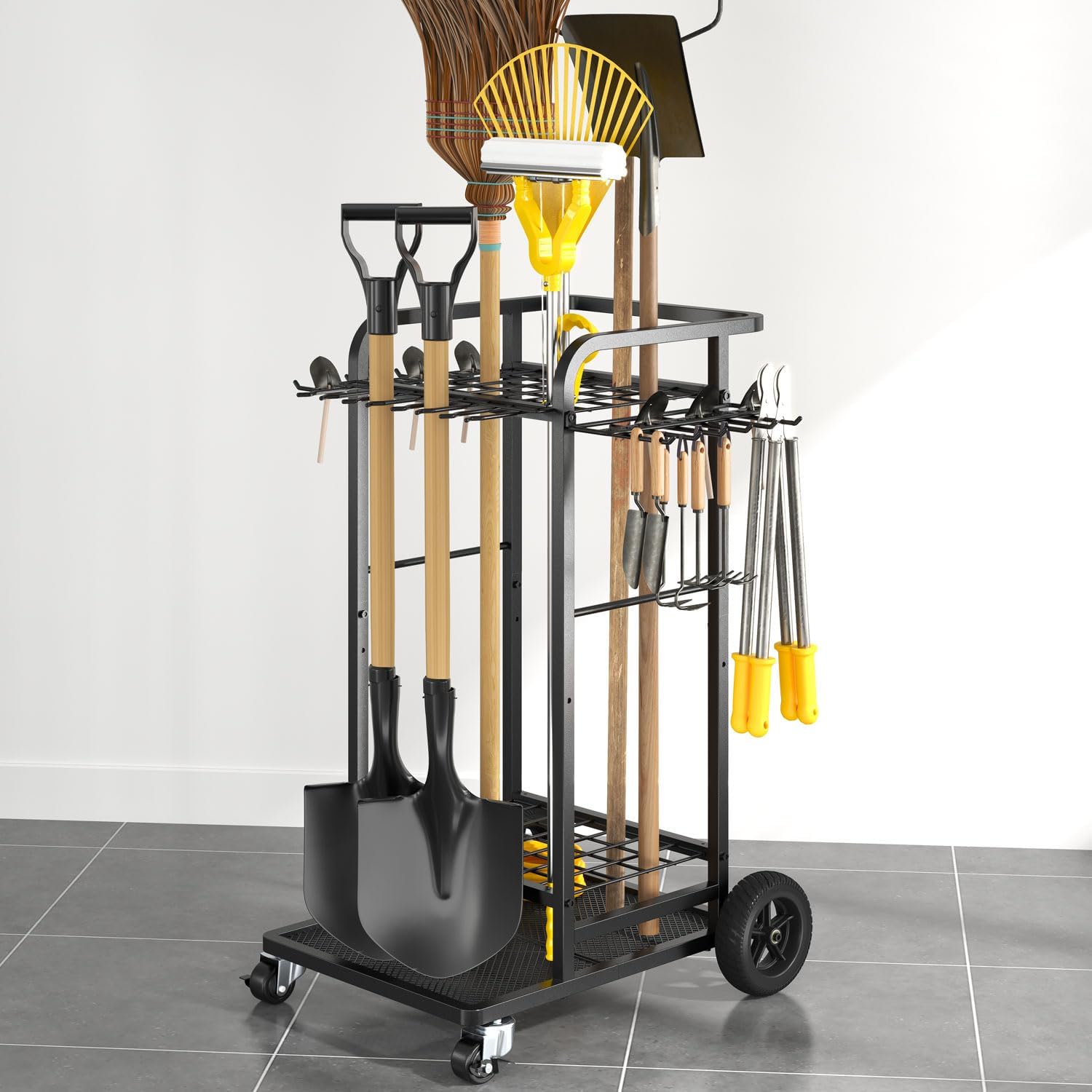 SOYEEZE Garden Tool Organizer with Large Wheels, Heavy Duty 3-Tier Yard Tower Tool Rack for Garage, Holds Up to 35 Long-Handled Tools, Garden Tool Cart with 12 Hooks for Tool Organization and Storage