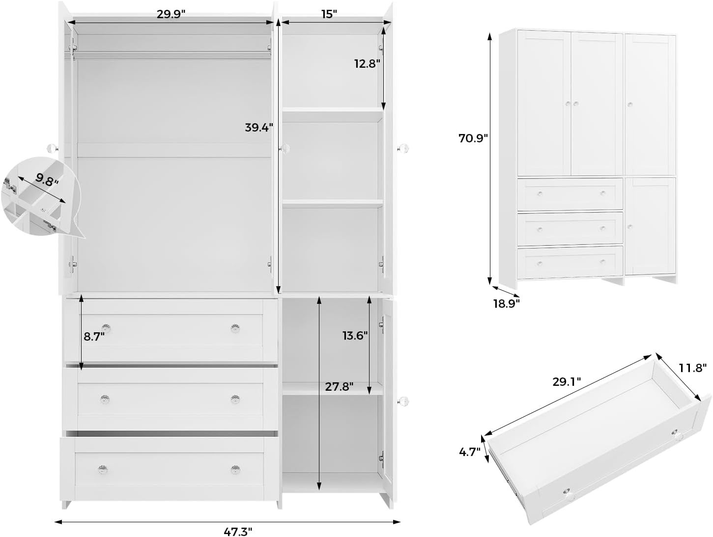 VOWNER Armoire Wardrobe Closet with Drawers and Mirror, 71