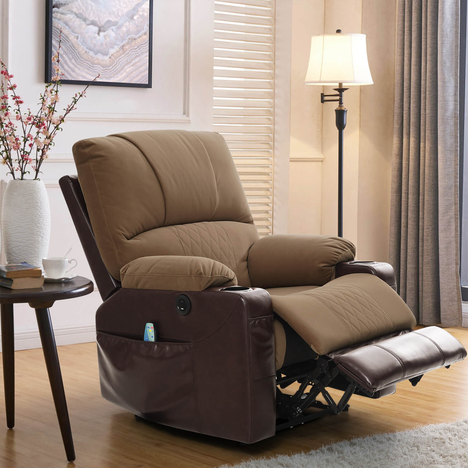 Fauteuil inclinable électrique avec chauffage et massage, format compact, tissu marron clair