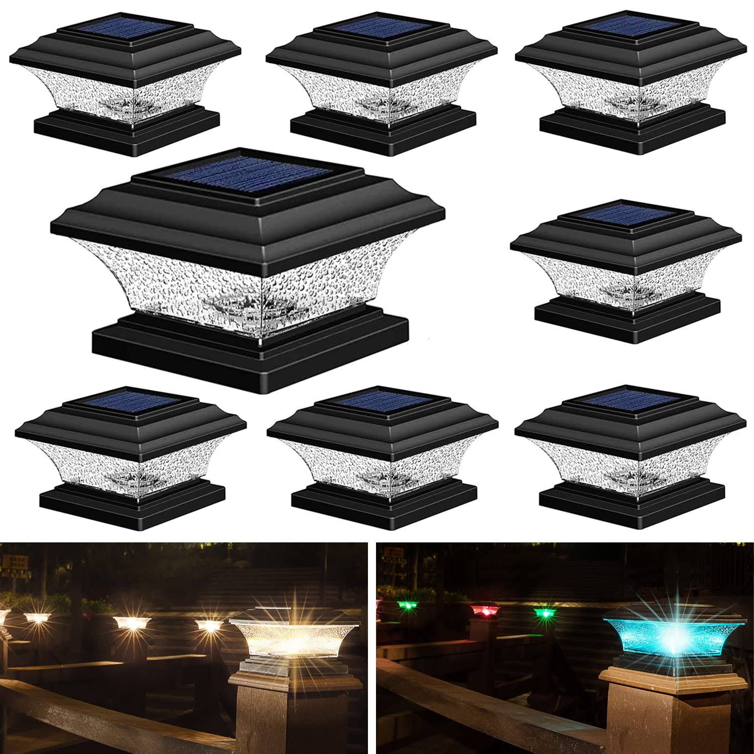 HUYIENO Solar Post Cap Lights Outdoor LED Lighting Deck Fence Cap Light Two Light Modes Warm White/7 RGB Color Changing LED Suitable for 4x4 5x5