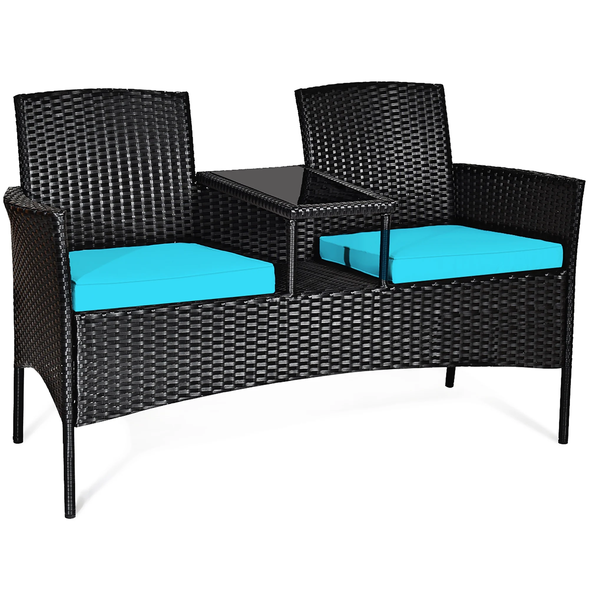 Patio Rattan Conversation Set Seat Sofa Cushioned Loveseat Chairs Turquoise(Turquoise) - Image 9