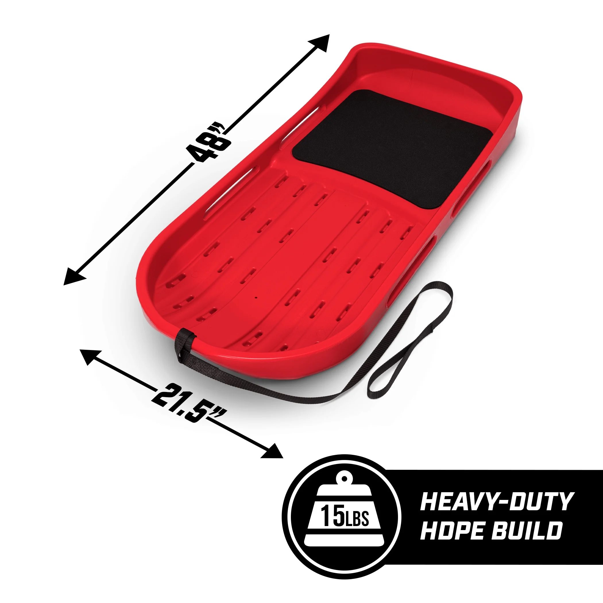 2 Person Premium Snow Sled with Double Walled Construction, Pull Strap and Padded Seat Red - Image 4