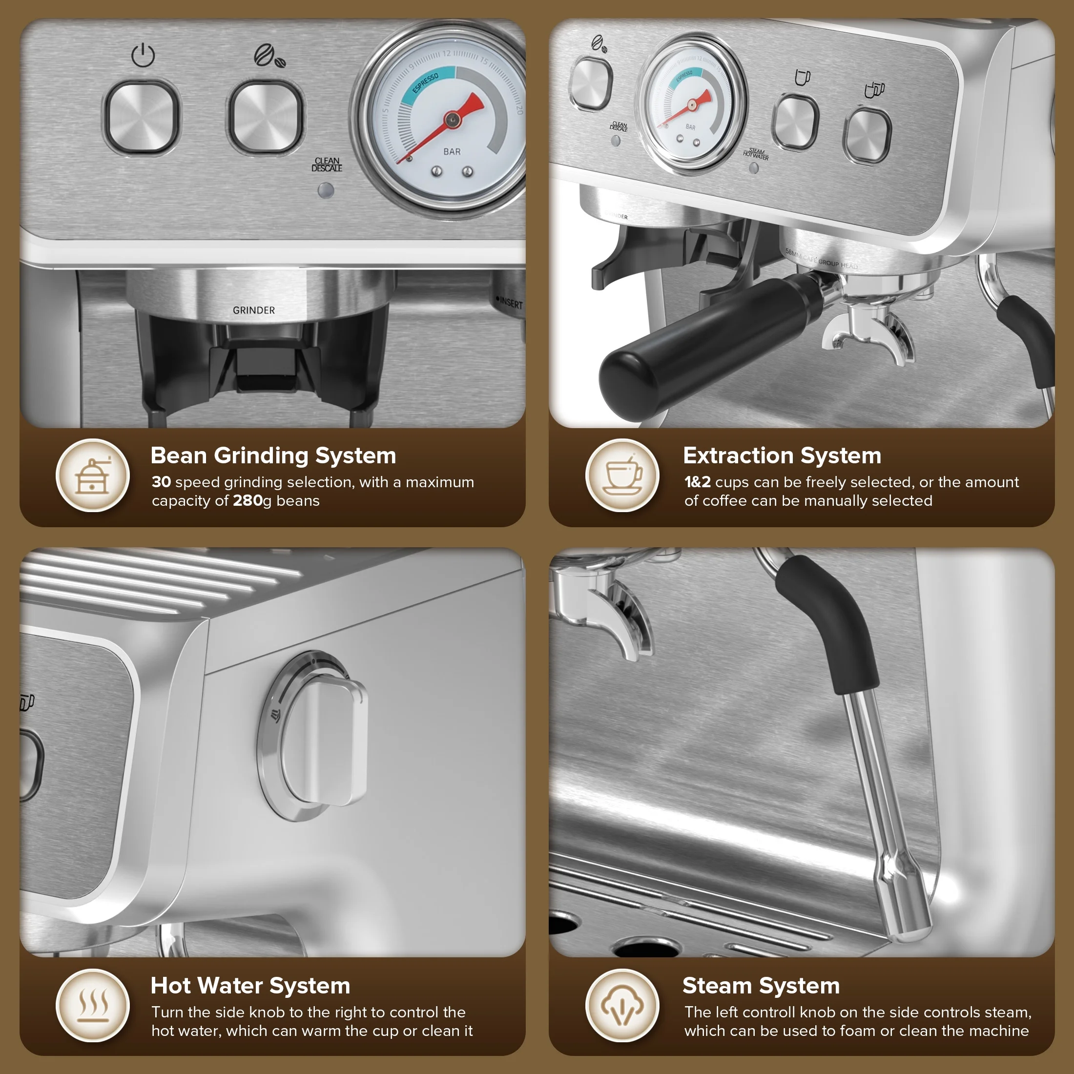 20 Bar Automatic Espresso Coffee Maker with Grinder and Milk Frother Steam Wand, Drip Hot Coffee, 12 Cups, Espresso/Cappuccino/Latte/Mocha for Home, Stainless Steel - Image 5