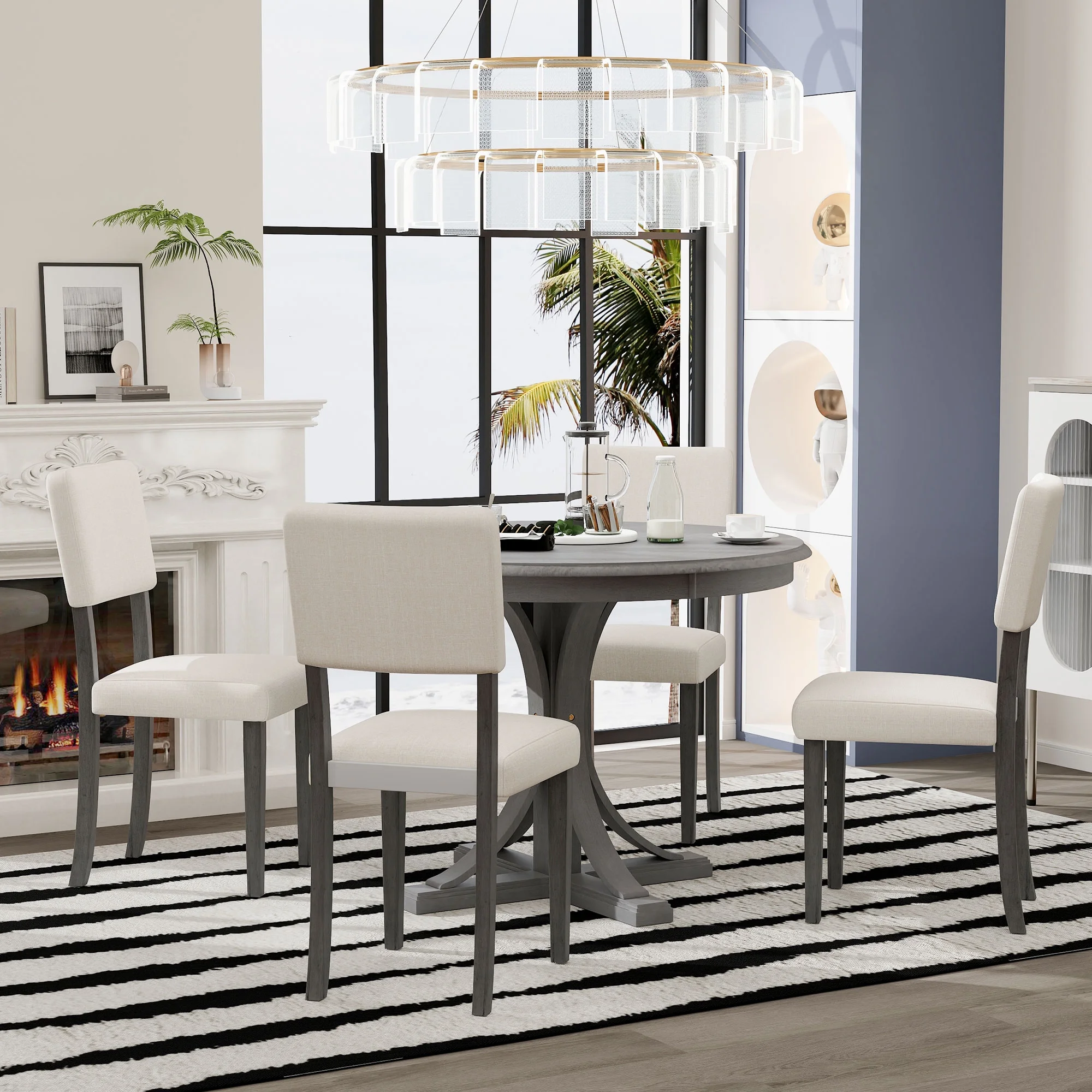 5 Piece Retro Round Dining Table Set with 4 Upholstered Chairs, Wood Dining Table with Curved Trestle Style Legs(Gray) - Image 4