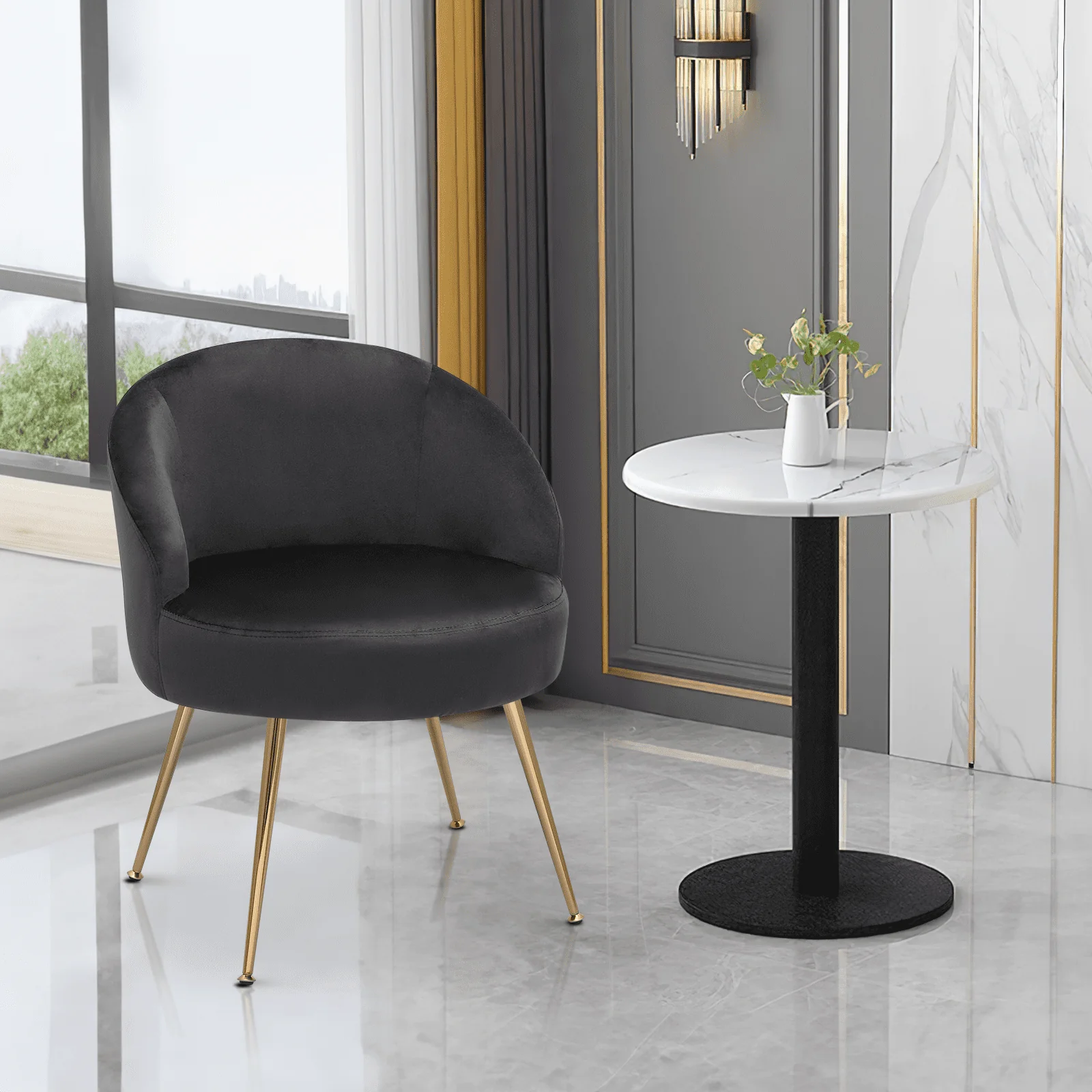 Velvet Accent Chair, Modern Upholstered Single Sofa Side Chair, Comfy Barrel Club Living Room Armchair with Golden Metal Legs for Bedroom Reading Room Office, Black(Black) - Image 7
