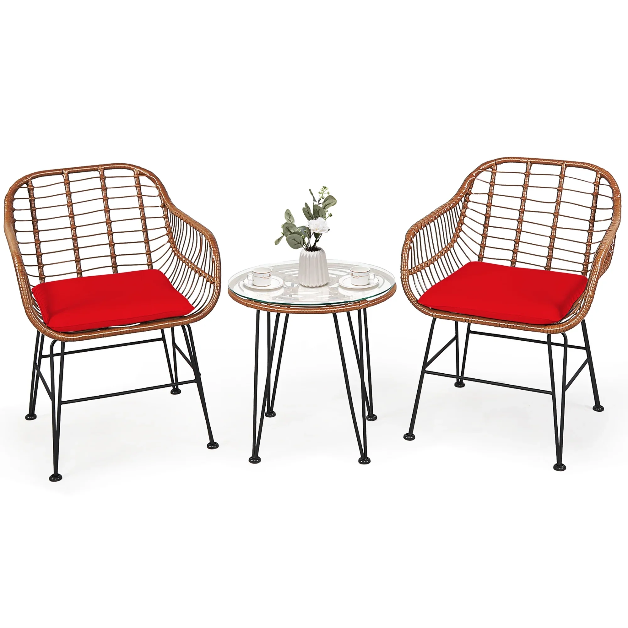 Costway 3PCS Patio Rattan Bistro Set Coffee Table Armchair Garden Red Cushion