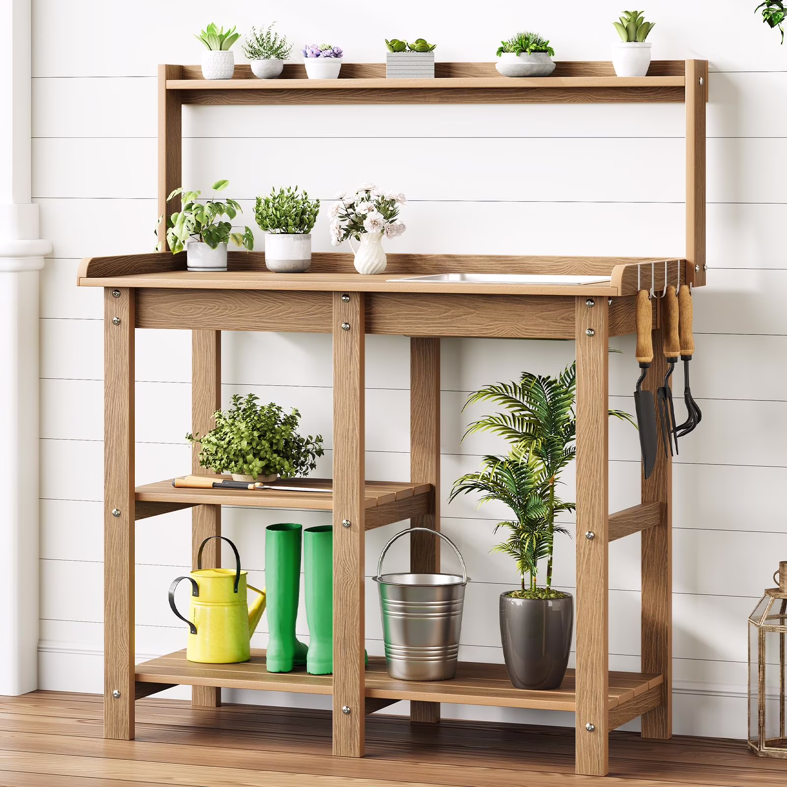 Onbrill Potting Bench, Outdoor Wooden Potting Bench Table w/Removable Sink, 4 Side Hooks for Garden