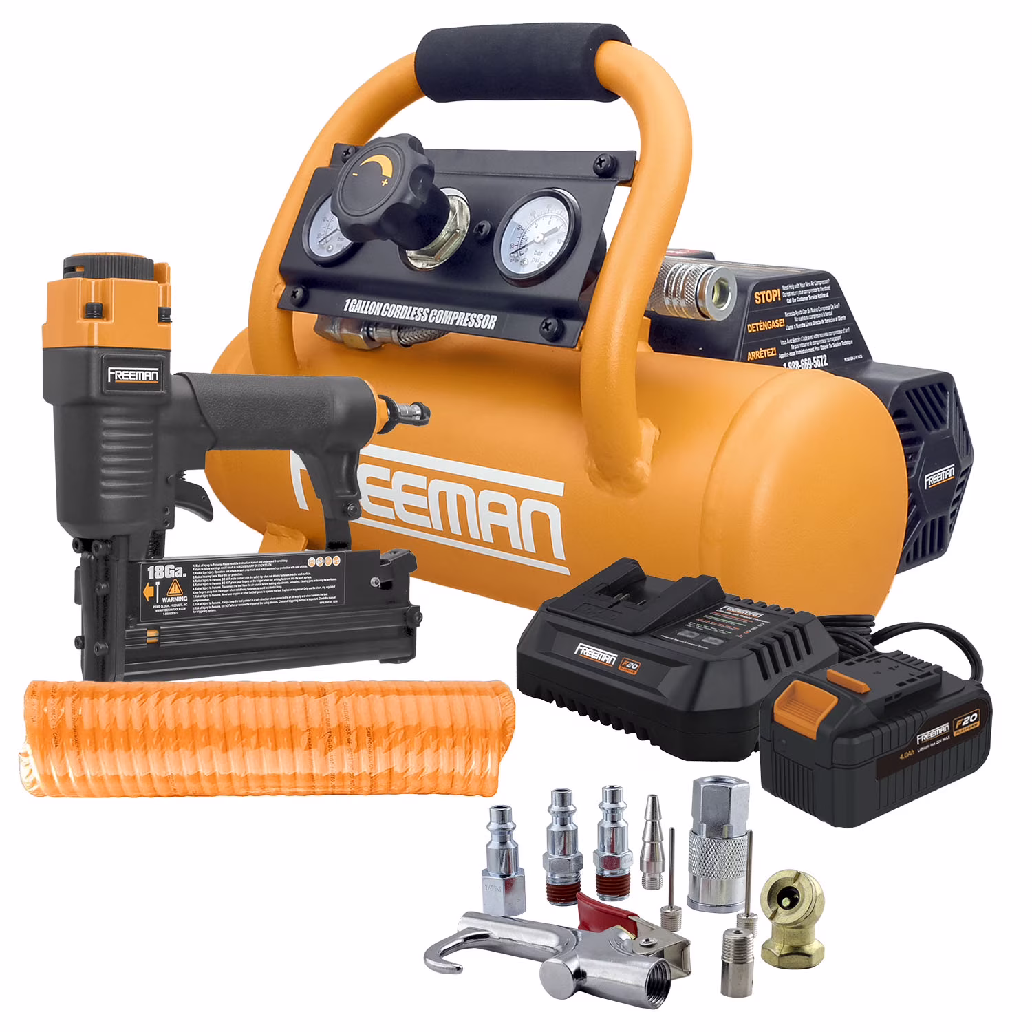 Freeman PE1GCCK 20V Cordless 1 Gal. Air Compressor with 3-in-1 Pneumatic Finish Nailer / Stapler, Battery, Charger, Air Hose, Inflation Accessory Kit and Fasteners (600 Count) �C 700 Shots per Charge