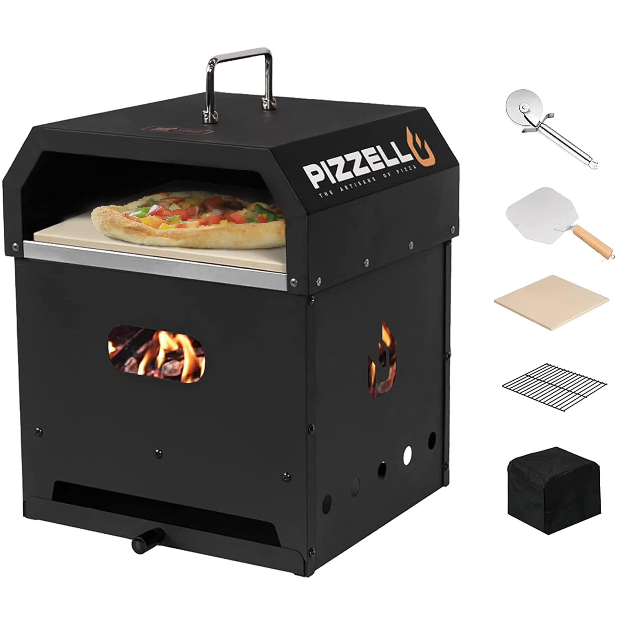 Pizzello 4 in 1 Wood Fired Outdoor Pizza Oven Outside Ovens with Pizza Stone, Pizza Peel, Cover Cooking Grill Grate, 12 in. Black