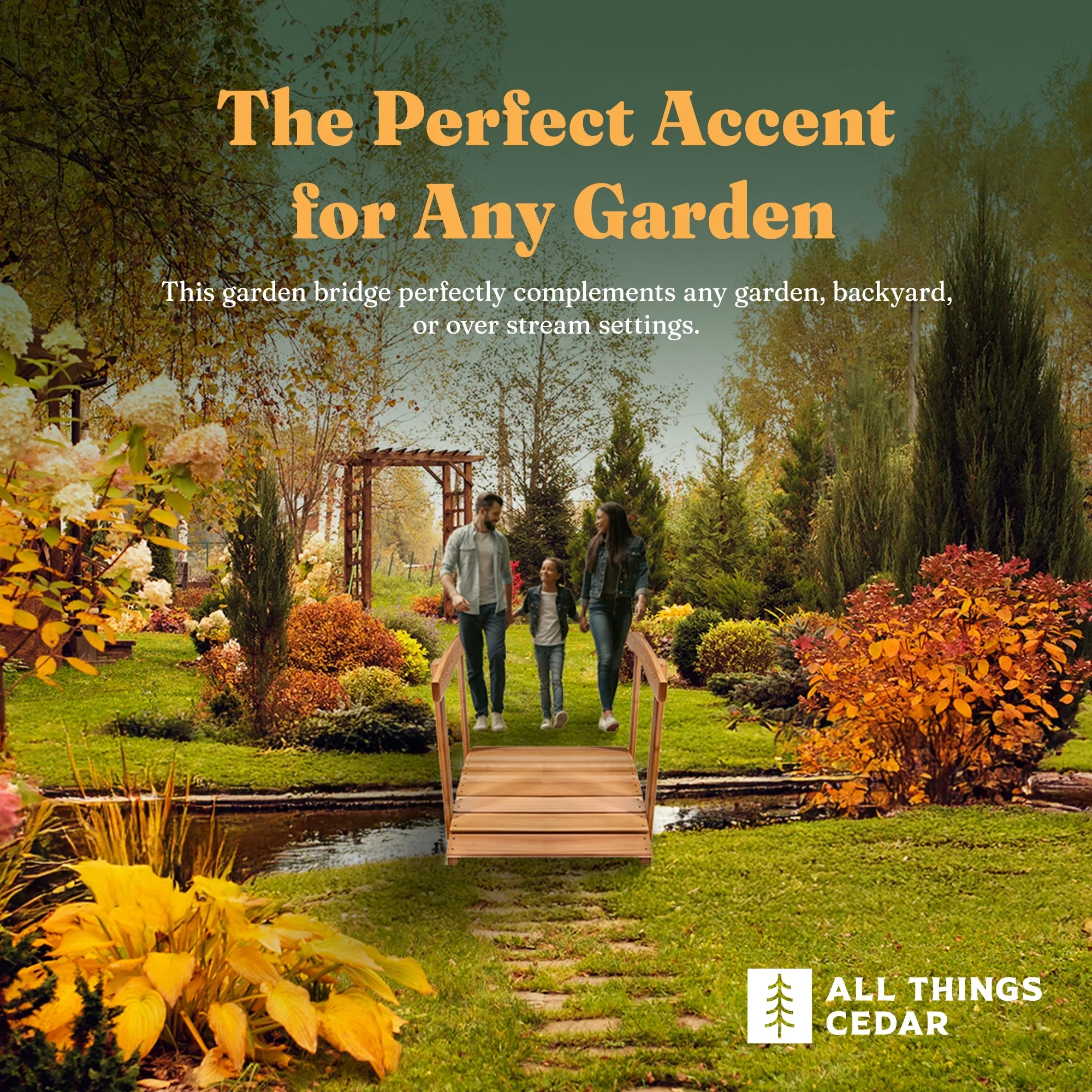 All Things Cedar FB36-R 3-ft Cedar Wood Garden Bridge | Side Rails - 36L x 29W x 7H