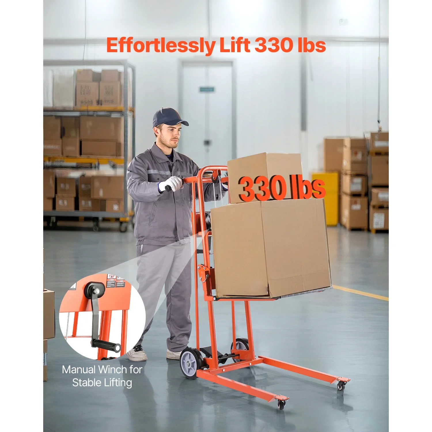 KFFKFF Manual Lift Stacker, Pallet Dolly with 330 lb Load Limit, Maximum Elevation of 42.9in, Winch Stacker, Versatile Pallet Truck Stacker Equipped with Rotating Wheels and Lifting Plate