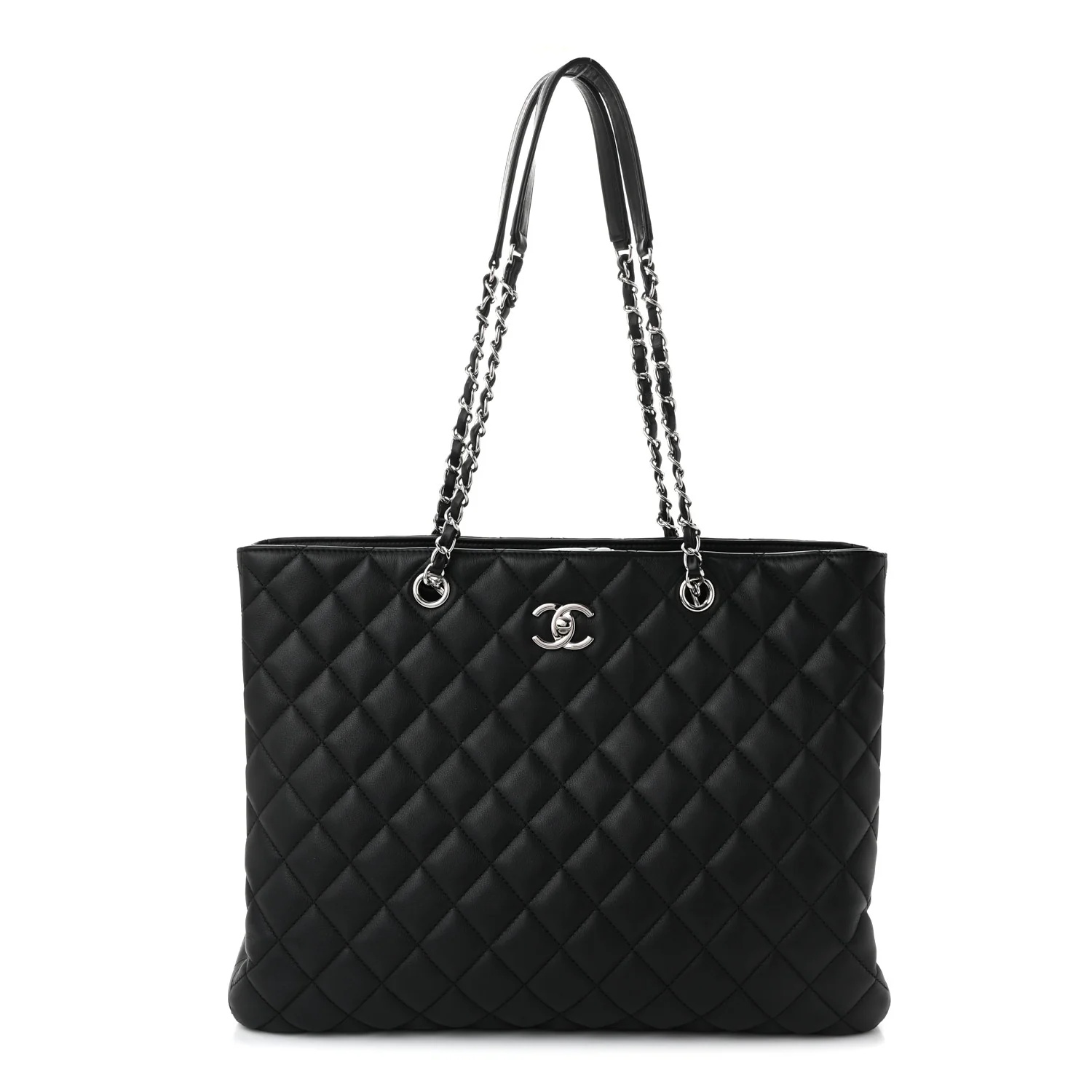 Calfskin Quilted Large Classic Shopping Tote Black