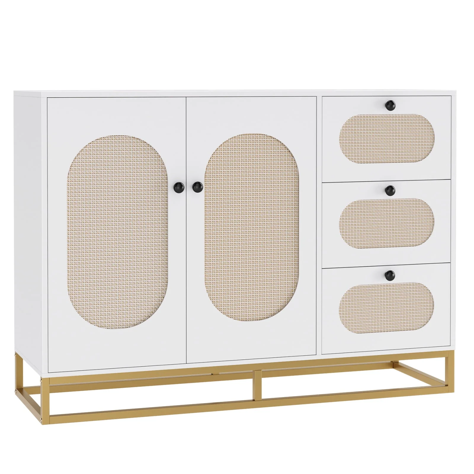 3 Drawers Accent Storage Cabinet, 34 2"H Gold Buffet Sideboard with Rattan Doors for Living Room, White Image 10
