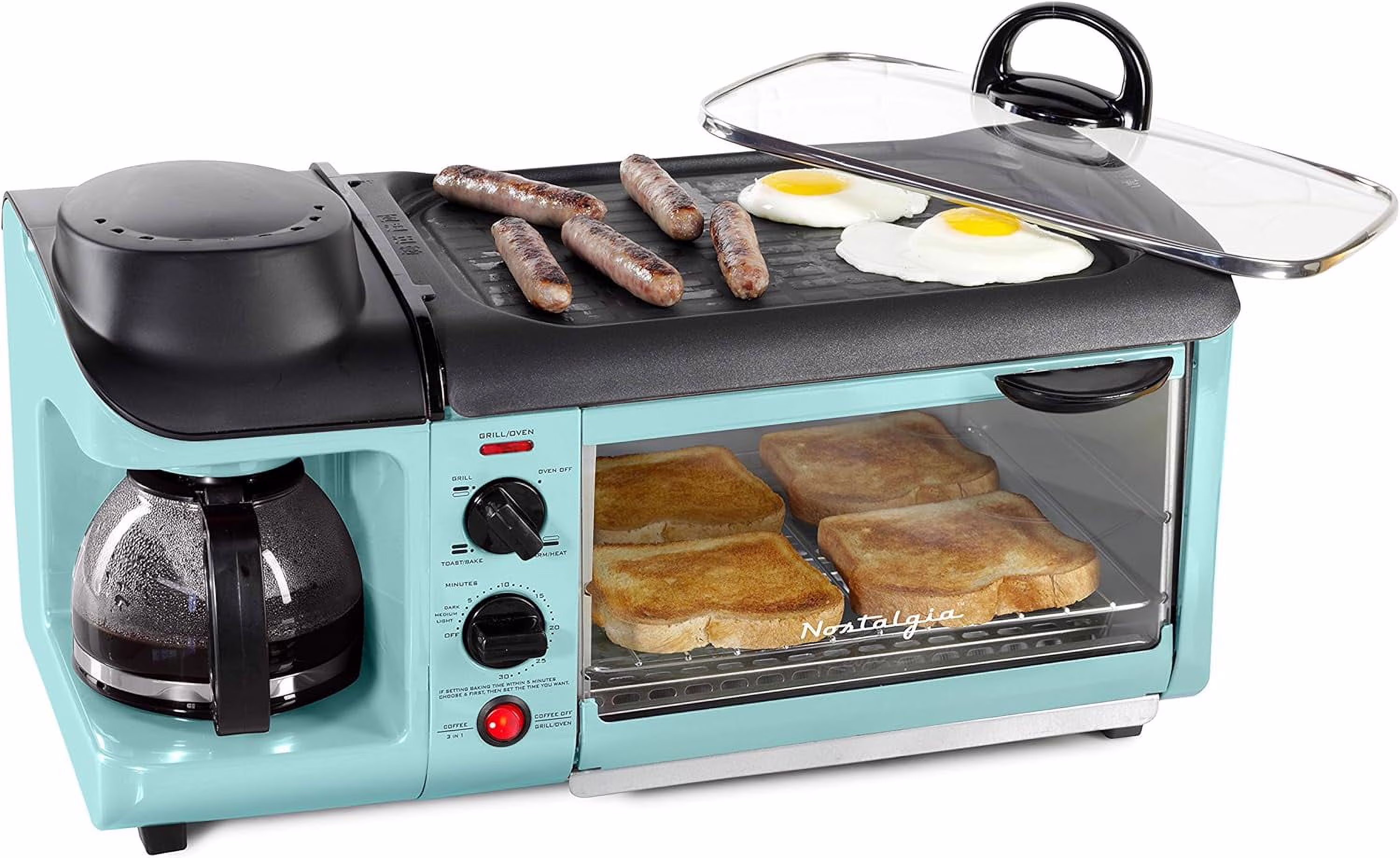 3-in-1 Breakfast Station Includes Coffee Maker, Non-Stick Griddle, and 4-Slice Toaster Oven Versatile Breakfast Maker with Timer Aqua(Classic Retro)