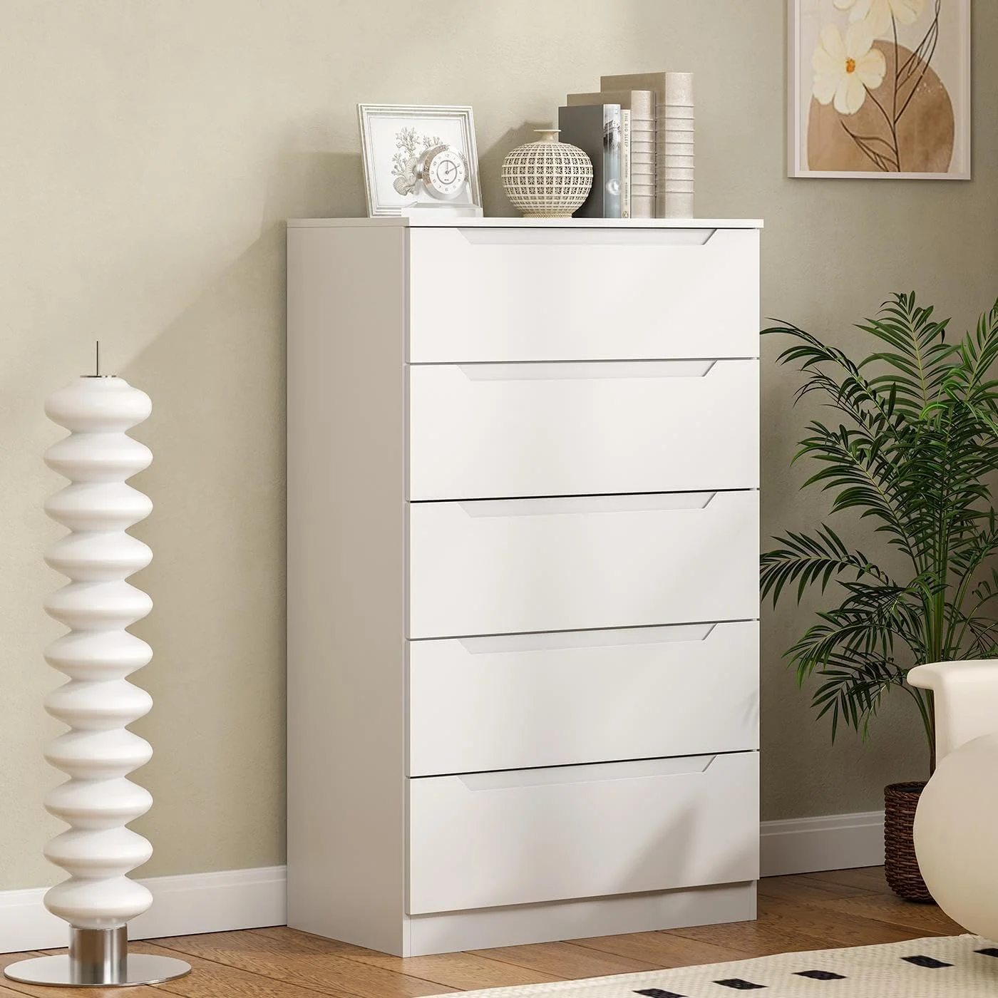 Vertical 5 Drawer Dresser, Wood Storage Cabinet with Upgraded Stable Base for Bedroom Living Room, Black(Black) - Image 9