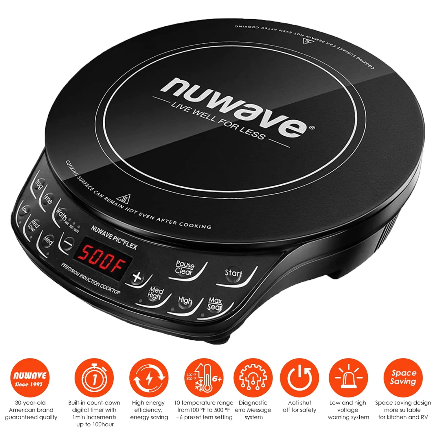 Nuwave Portable Induction Cooktop Flex with 10.25 - Inch Shatter - Proof Ceramic Glass, Large 6.5 - Inch Heating Coil, 3 Wattage Settings 600, 900 & 1300 Watts