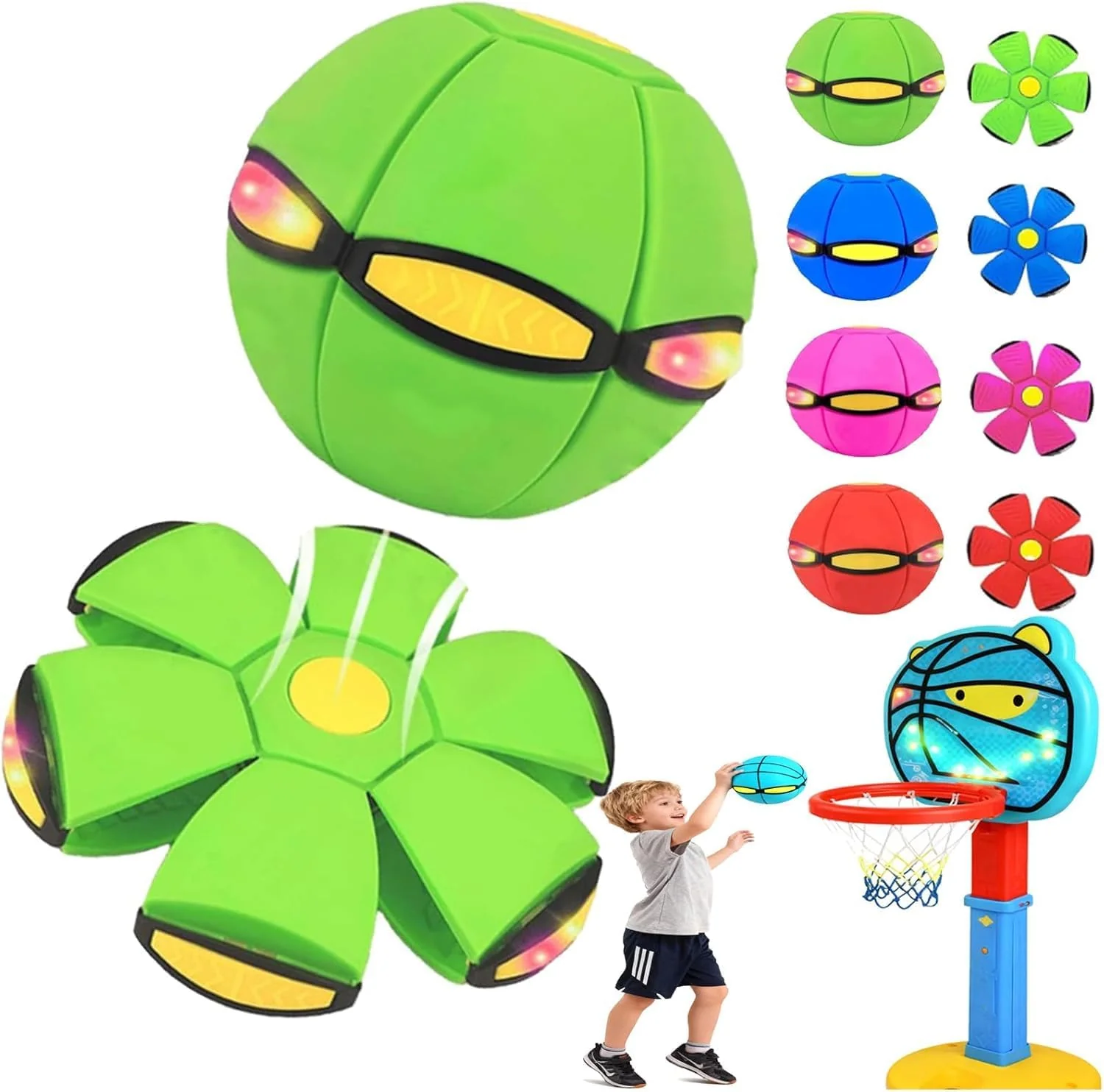 Magic Transforming Flying Saucer Ball - 2-in-1 Bouncing Toy with 6 LED Lights for Kids