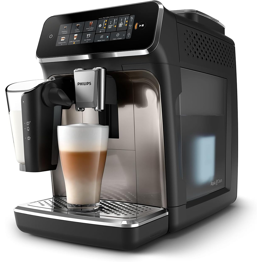 Machine à expresso entièrement automatique Philips série 3300 - 6 boissons, écran tactile couleur moderne, système de lait LatteGo, SilentBrew, broyeur 100 % céramique, filtre AquaClean, chrome noir (EP3347/90)