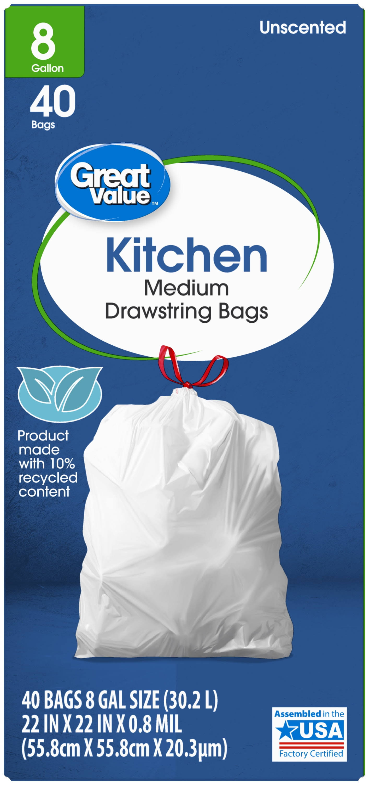 Great Value Medium Kitchen Trash Bags, 8 Gallon, 40 Bags (Drawstring)
