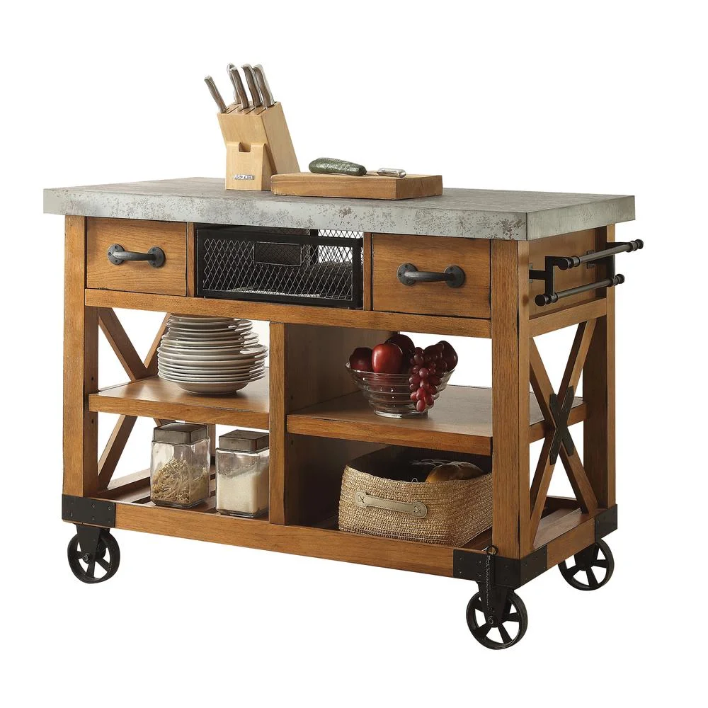 ACME Kailey 2-Drawer Wooden Kitchen Cart with 2 Shelves in Antique Oak(Oak)