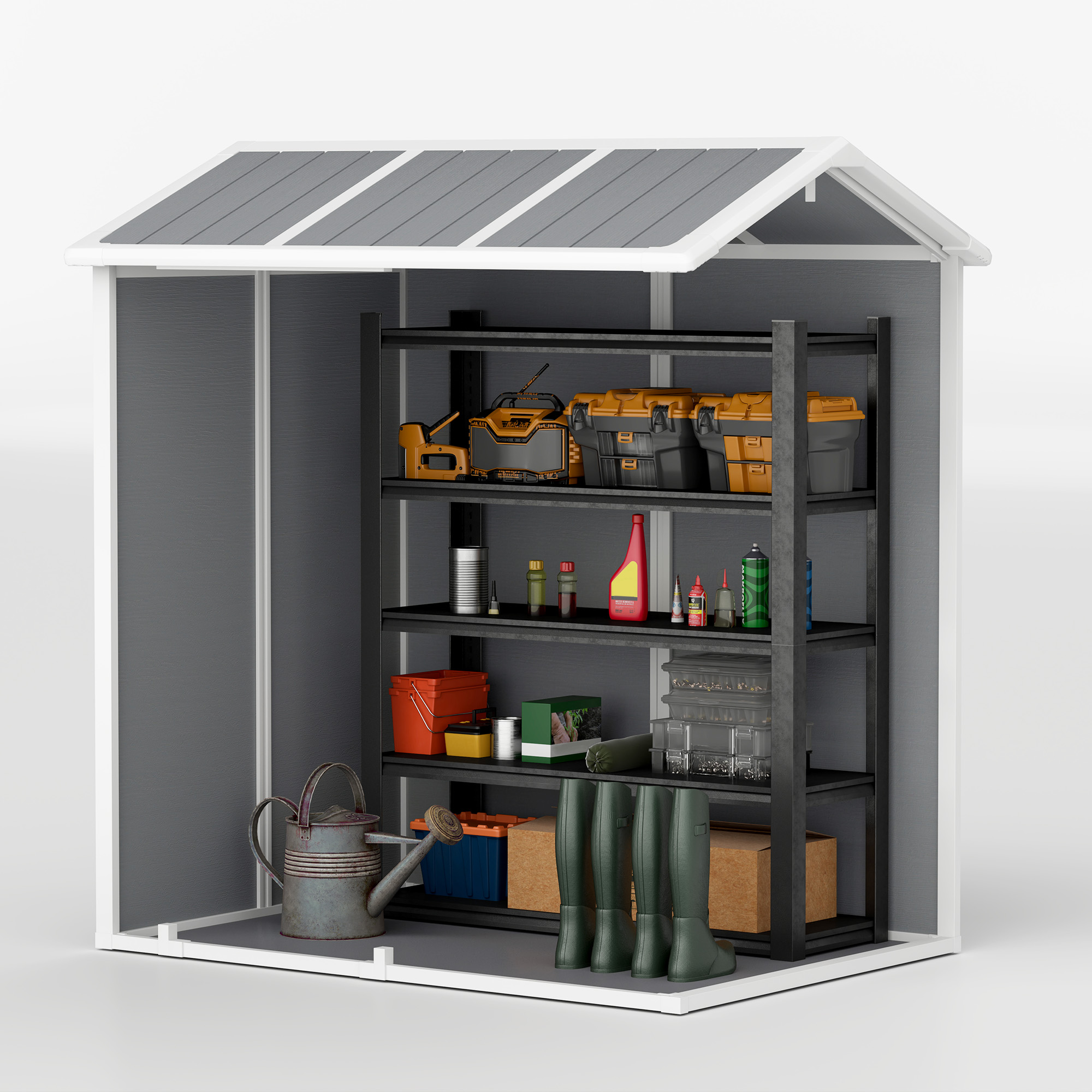 Outsunny Tuinhuis, Gereedschapsschuur met Bodem, Raam, Afsluitbare Deur, Kunststof-Harz, Weerbestendig, Grijs