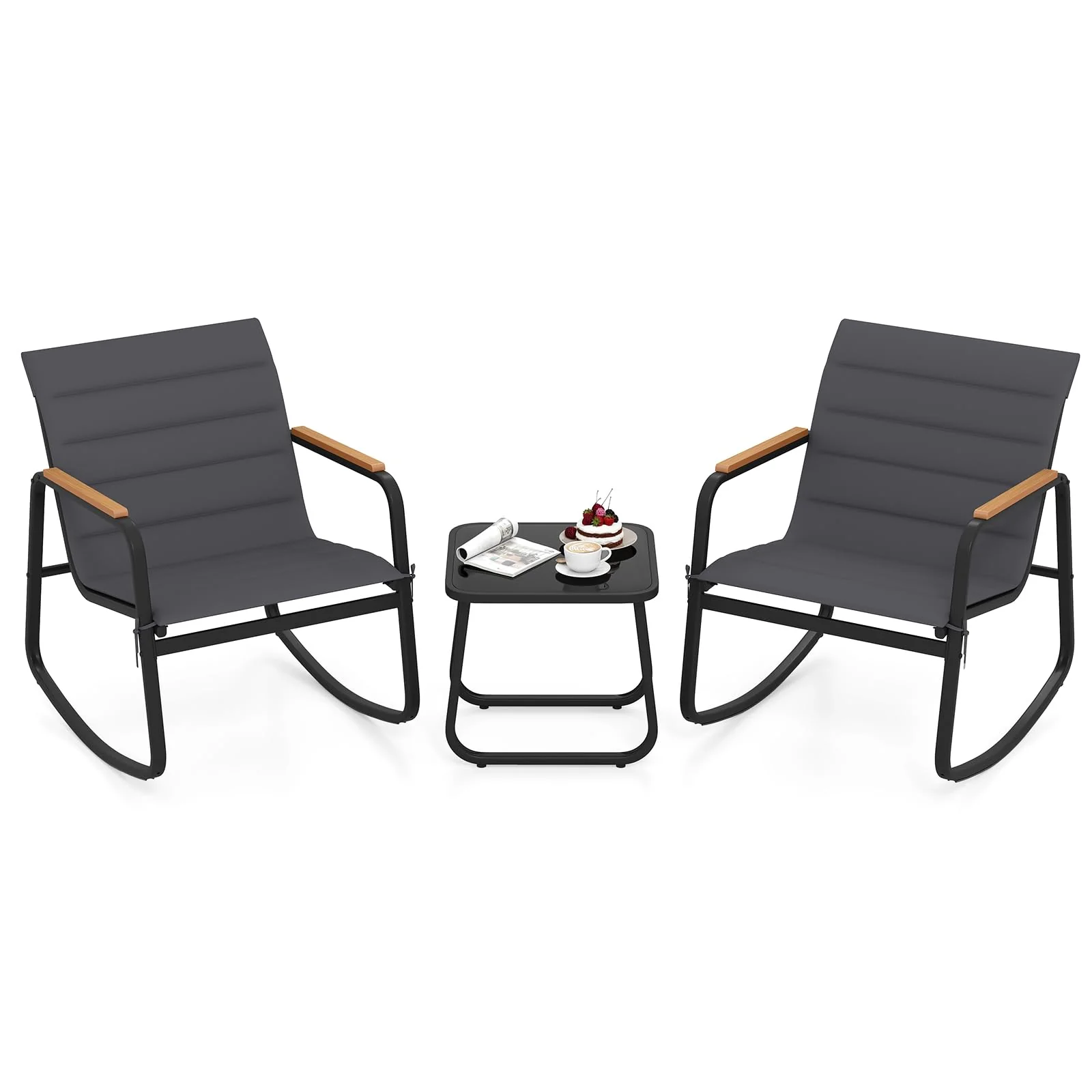 Tangkula 3 Piece Outdoor Rocking Bistro Set Metal Frame & Soft Cushions