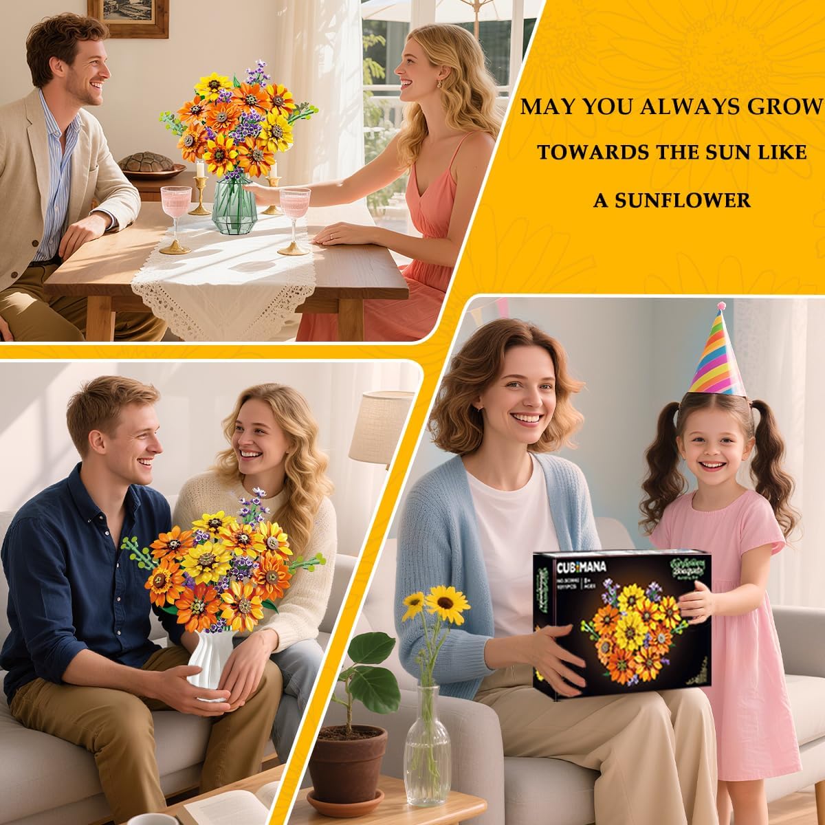 Flowers Sunflower Bouquet Building Set with Lights - 17 Flowers Botanical Collection Artificial Plant Sunflower Building Blocks Art Home Decor Easter Gifts for Adults Women Girl (1011PCS)