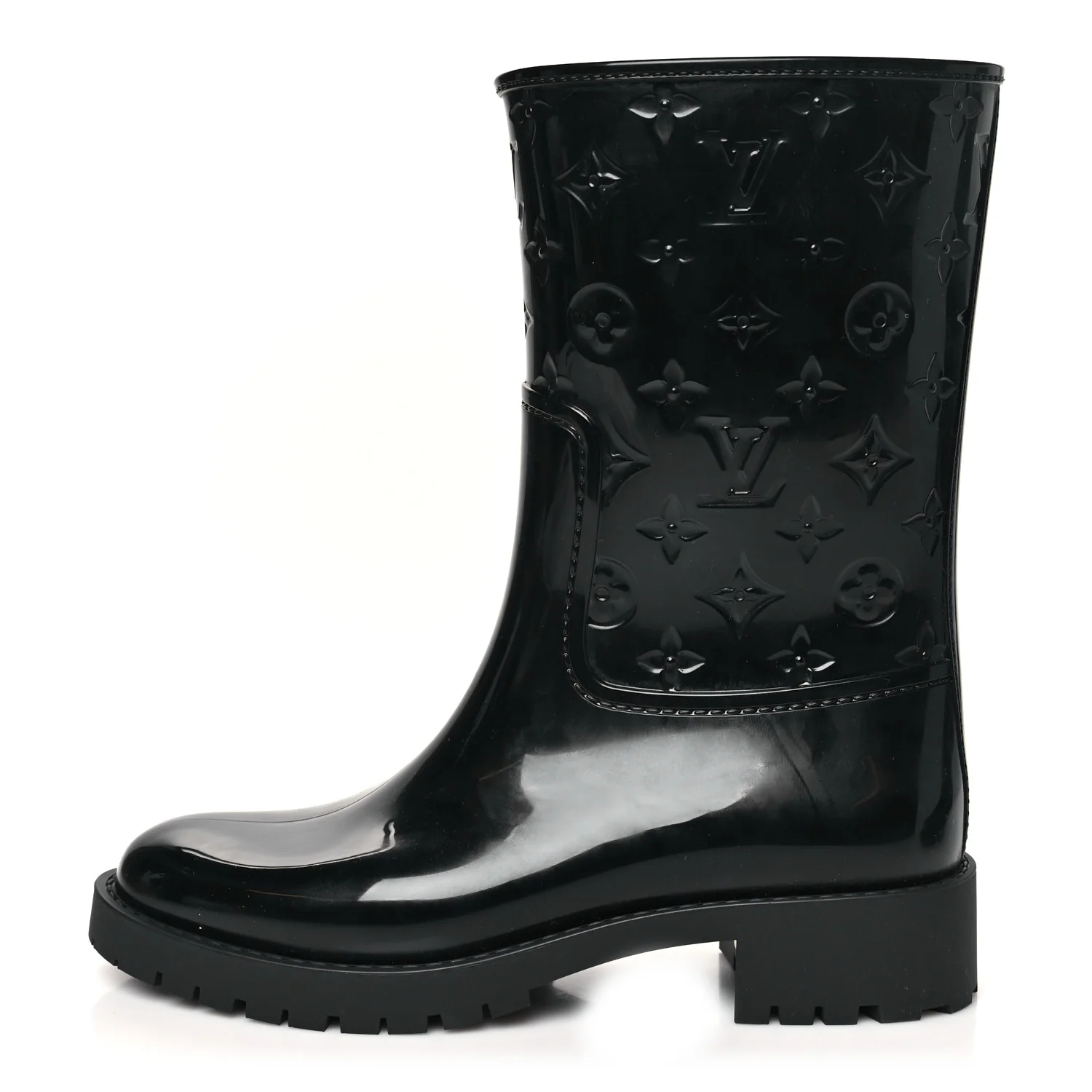 Rubber Embossed Monogram Splash Rain Short Boots 38 Black