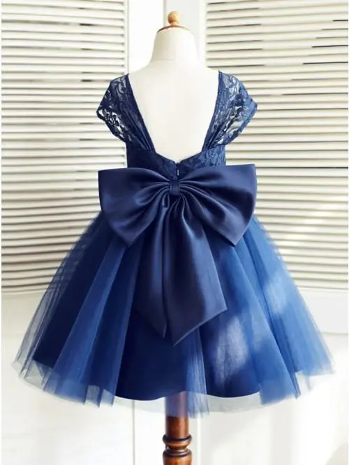 A-Line Square Neck Cap Sleeves Dark Blue Flower Girl Dress with Lace Bowknot DMP16