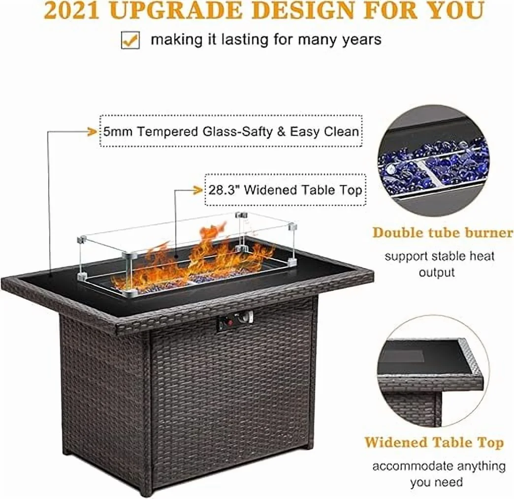 44" Propane Gas Fire Pit Table, 55000 BTU Rectangular Fire Pit with Glass Wind Guard for Outside Patio Deck Garden Backyard(Brown-Glass Top) - Image 4