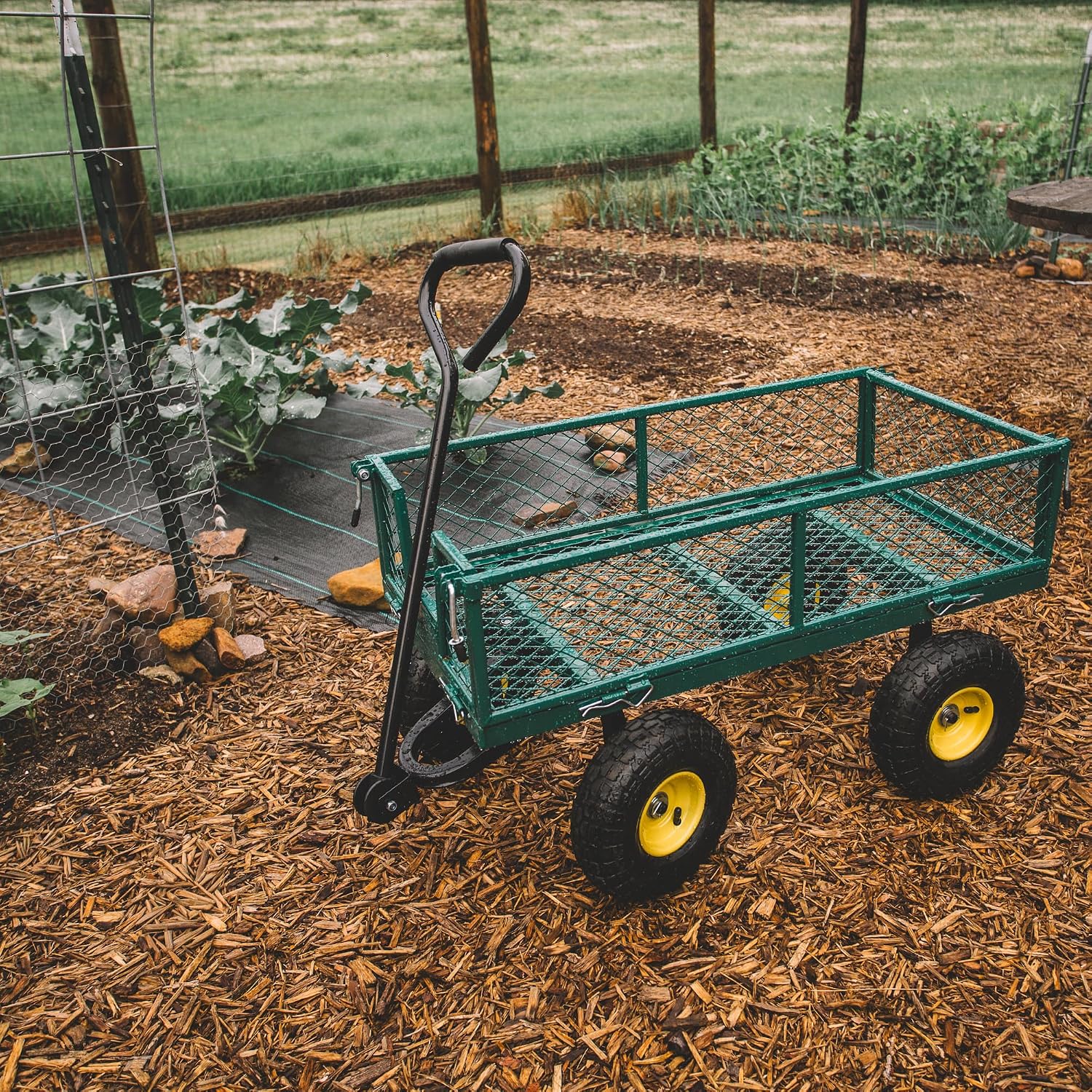 Backyard Expressions Heavy Duty Garden Cart 400 lb Utility Wagon Cart with Removable Mesh Sides, Powder-Coated Steel Bed, Pneumatic Tires, Pull Handle Yard Cart