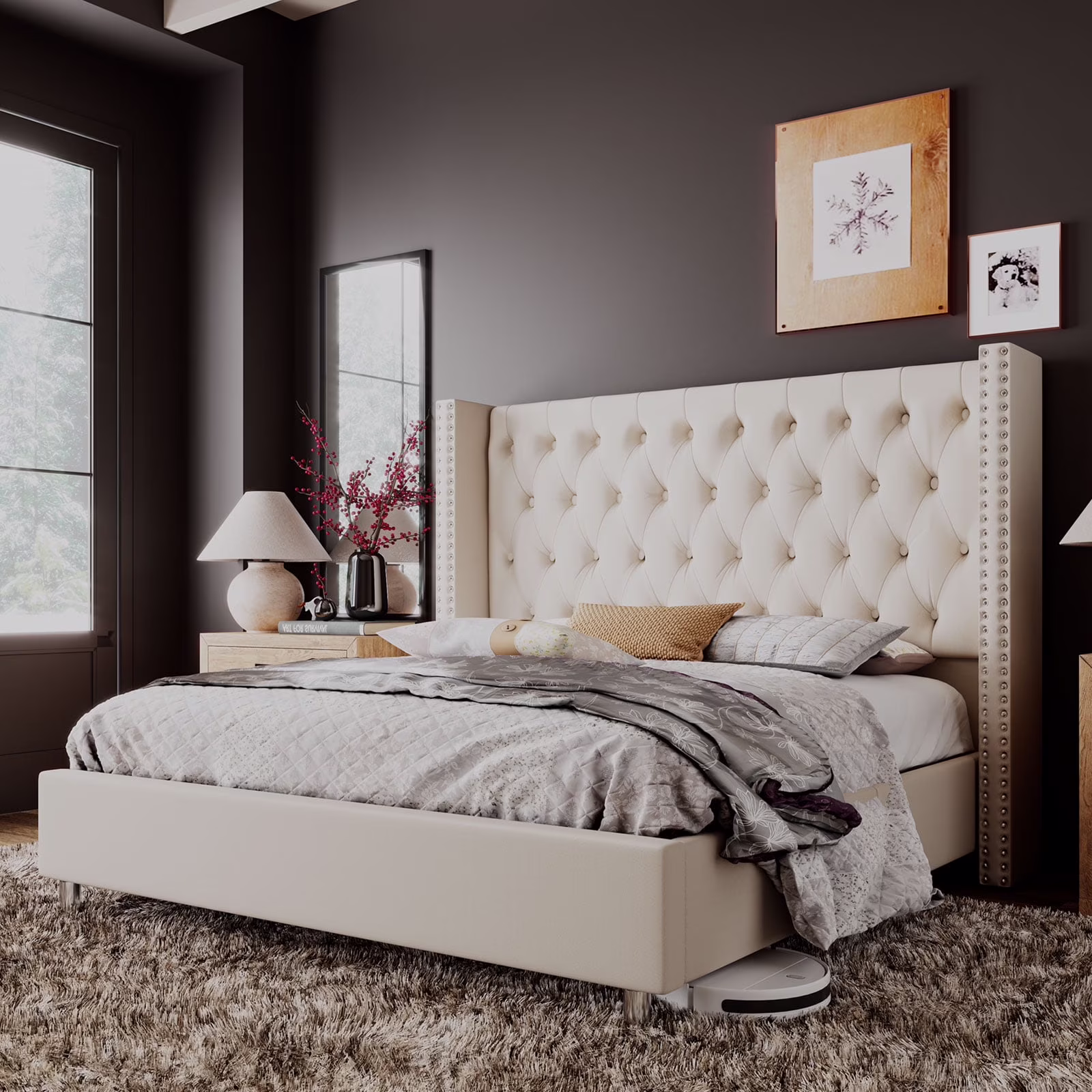 Vanacc Queen Bed Frame Upholstered Bed Wingback Headboard Velvet Tufted Diamond Button/No Box Spring Needed/Easy Assembly/Gray