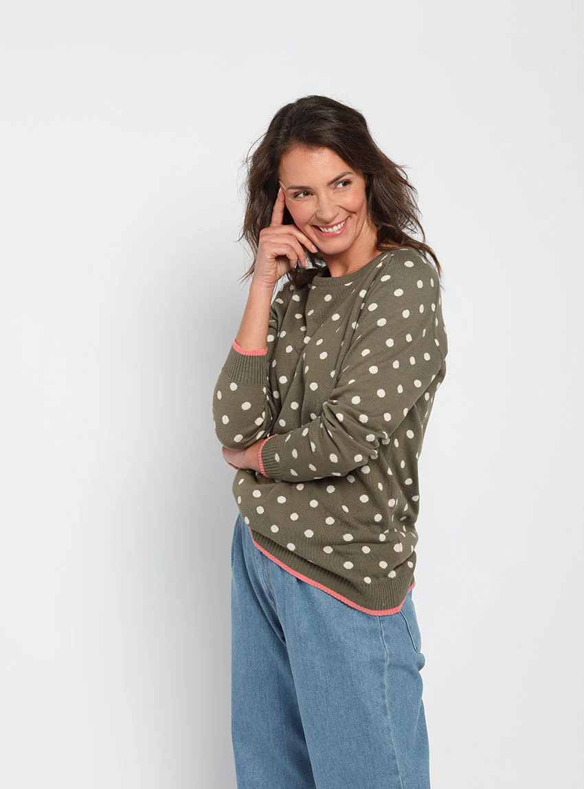 Pull femme à pois en coton vert kaki