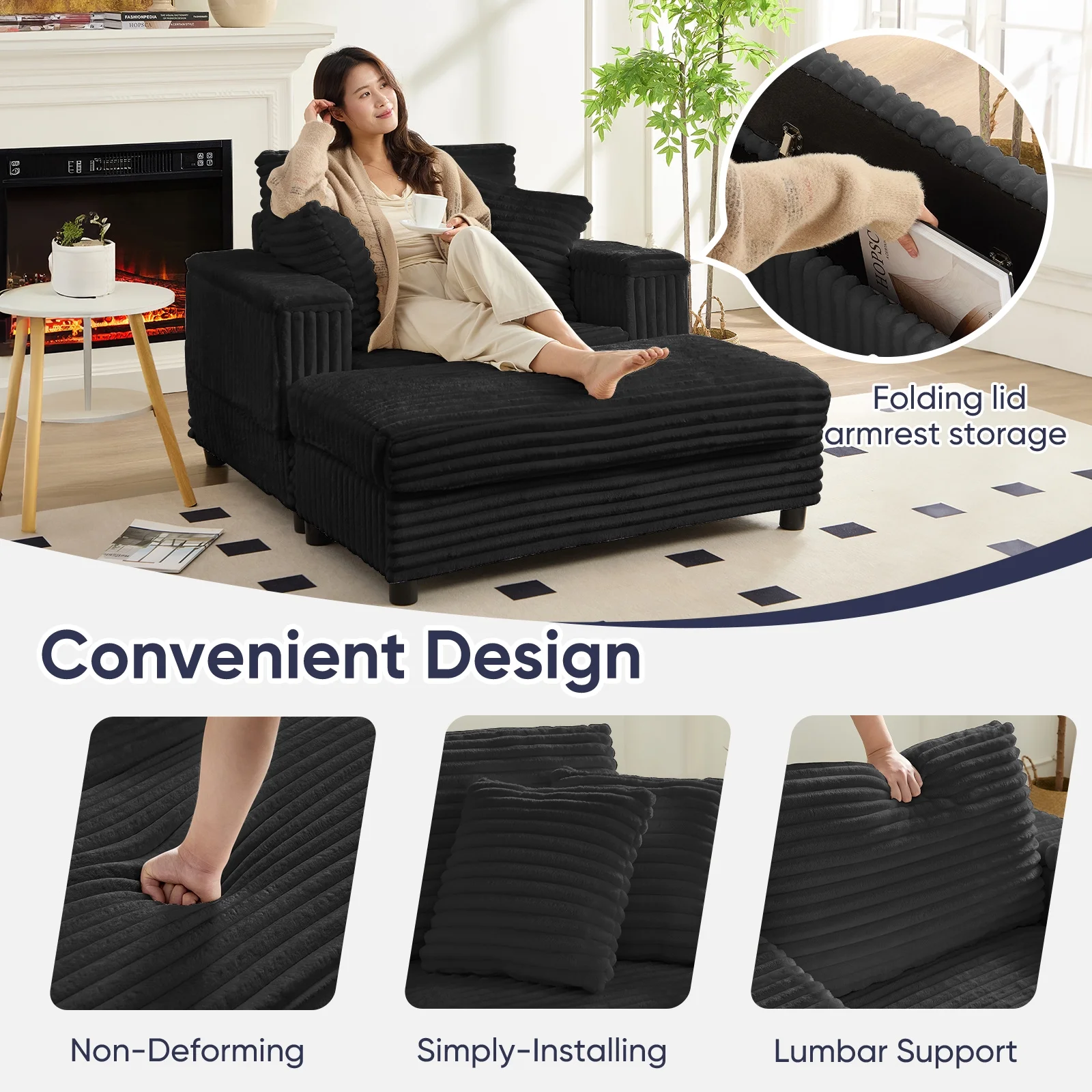 44" Modern Corduroy Accent Armchair with Storage Ottoman for Living Room, Black(Black) - Image 8