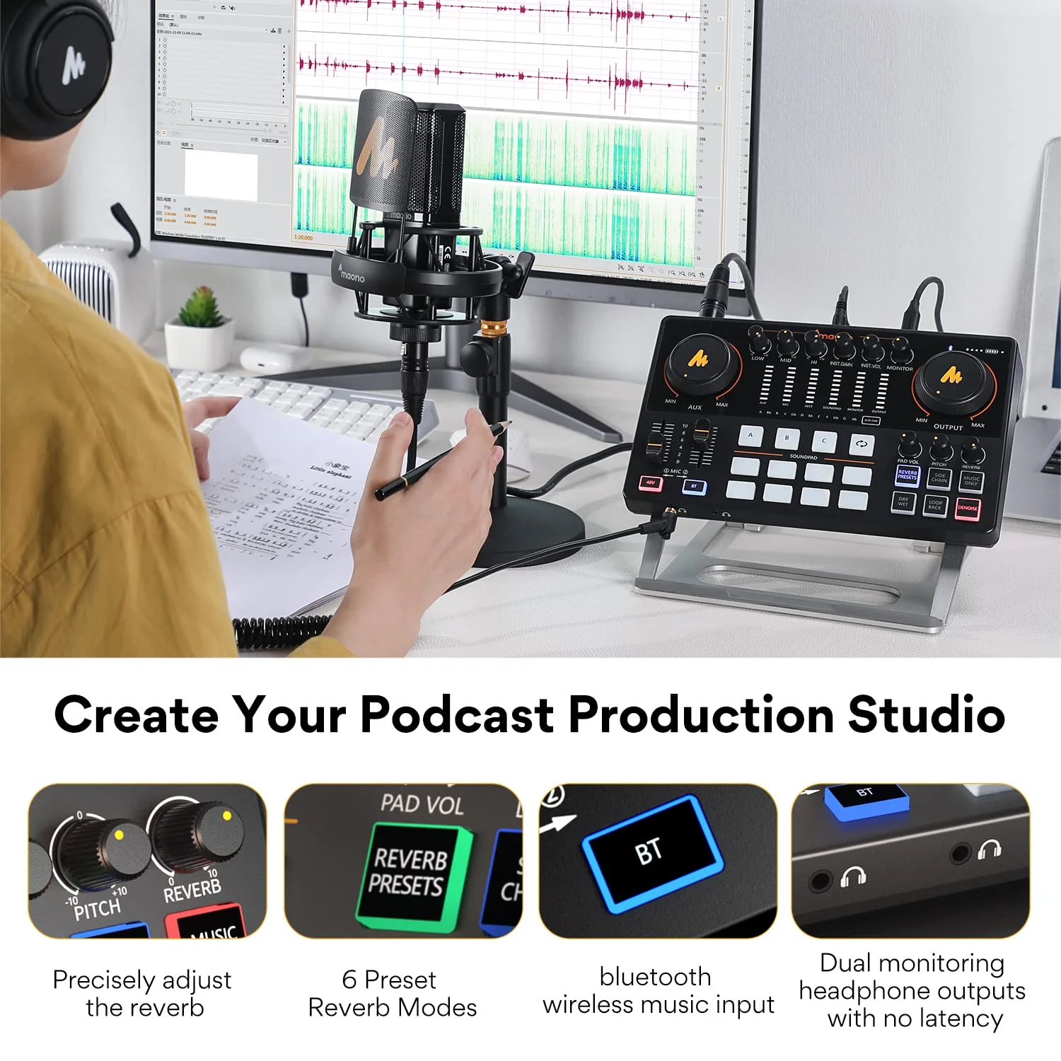MAONO Audio Interface. 10-Channel Podcast mixer with Pro-preamp