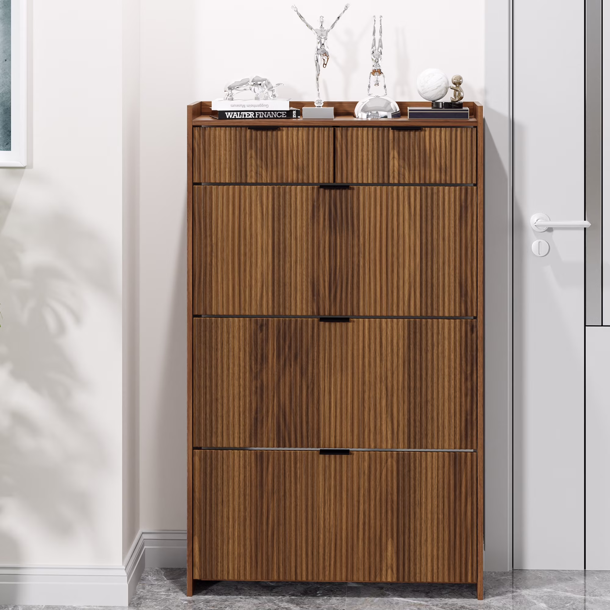 Shoe Cabinet, Free Standing Tipping Bucket Shoe Rack Organizer with 3 Flip Drawers, Modern Entryway Narrow Shoe Rack with 2 Drawers Top Storage, for Hallway Bedroom, Walnut(Walnut)