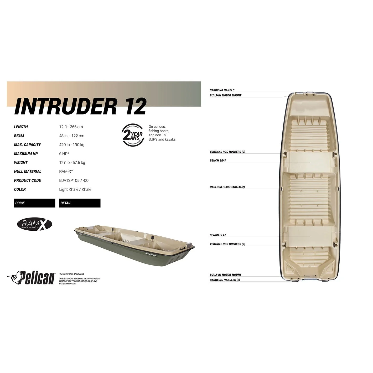 Pelican Boat Intruder 12 Jon Fishing Boat 12 ft Great for Hunting/Fishing, Khaki/Beige Image 9