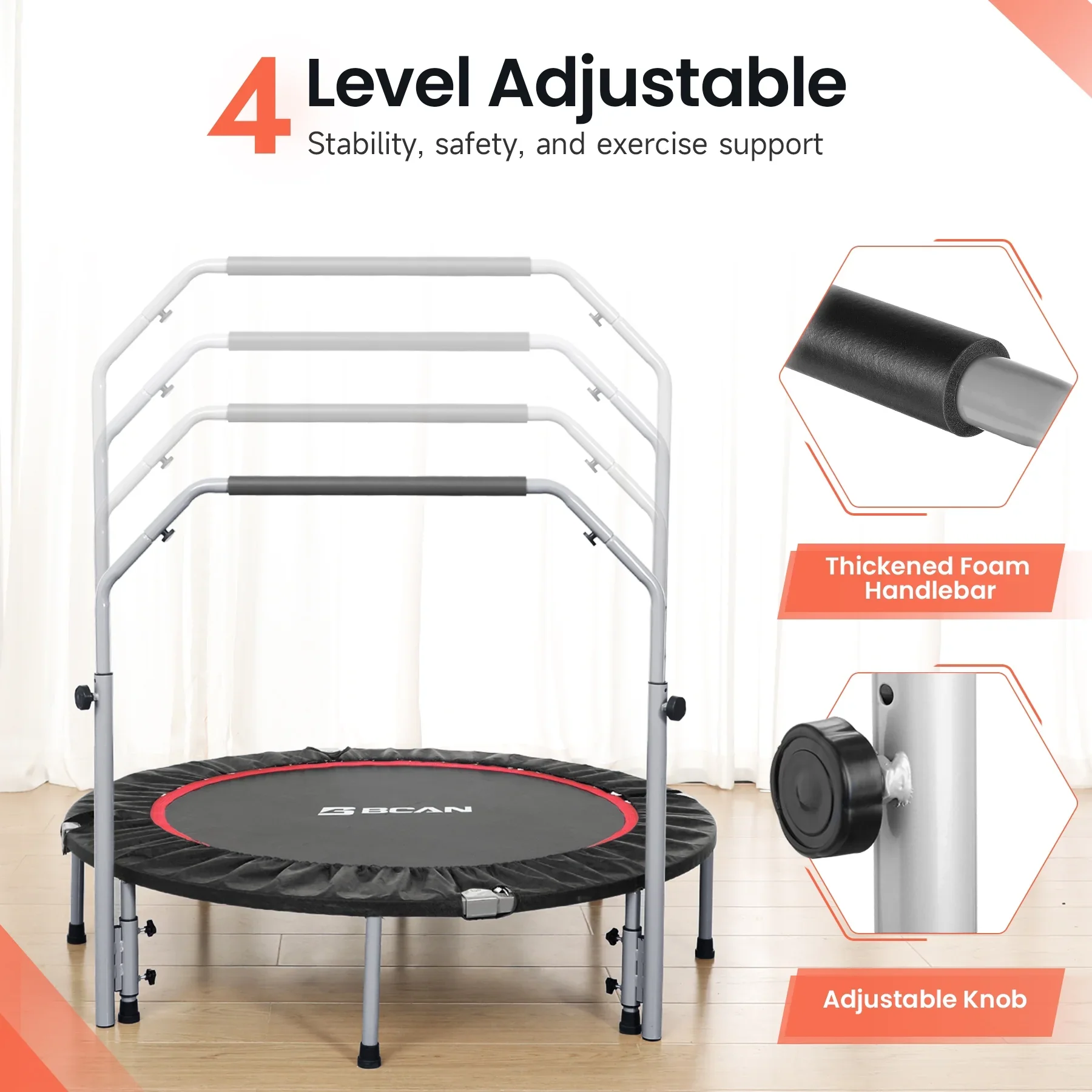 BCAN 40 Foldable Trampoline, Fitness Rebounder with Adjustable Foam Handle, Exercise Trampoline for Adults/kids Indoor/Garden Workout Max Load 330lbs