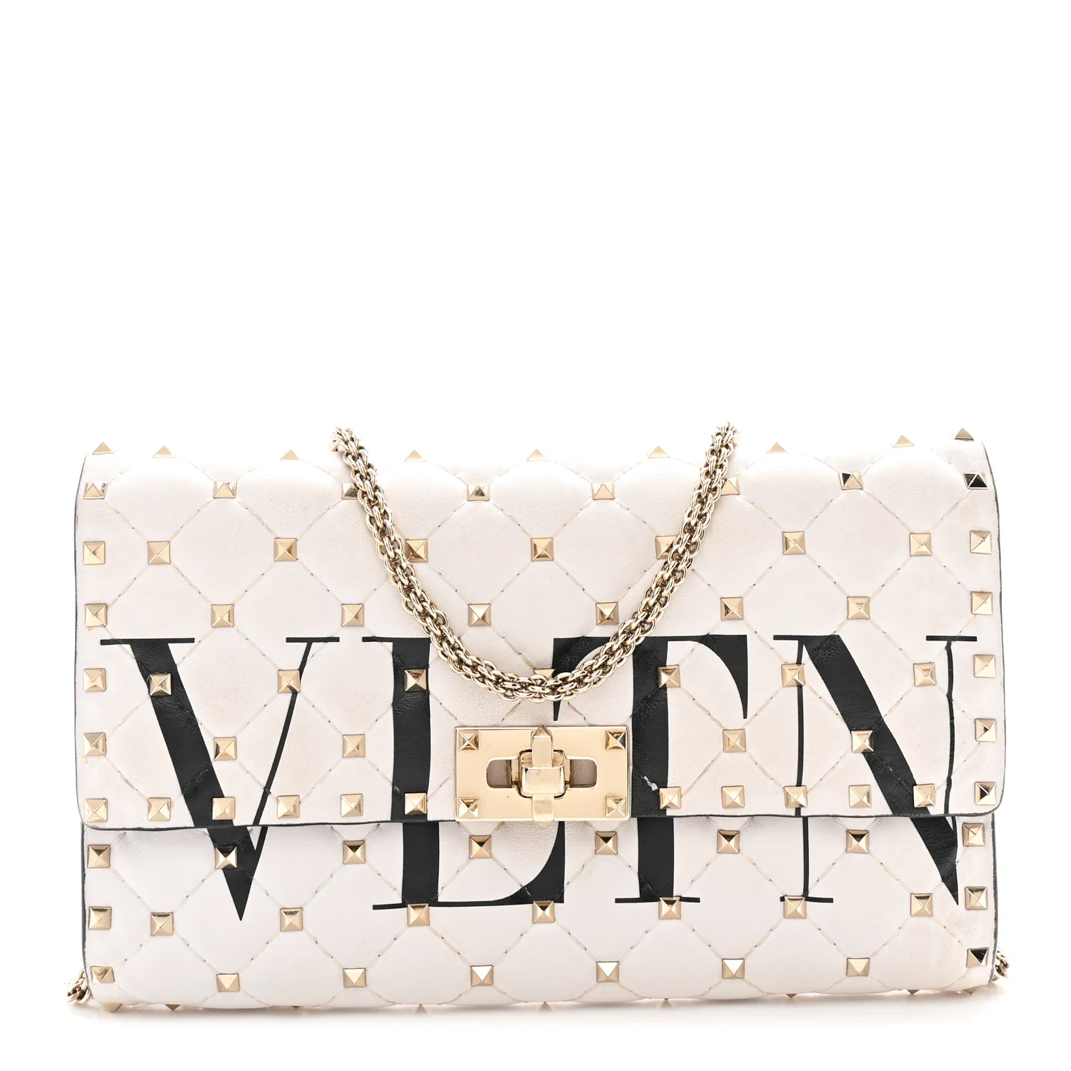 Lambskin VLTN Print Rockstud Spike Wallet On Chain White